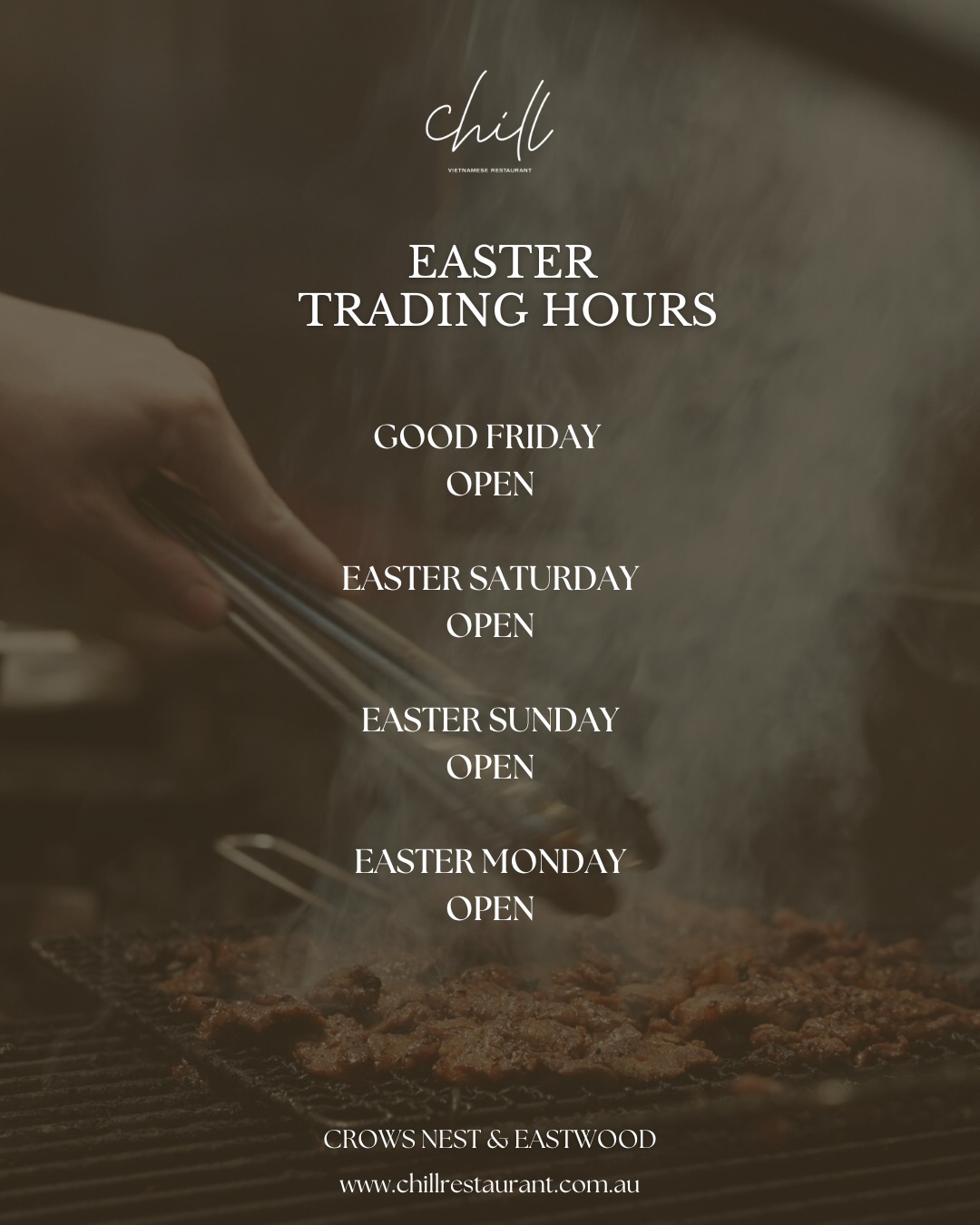 No Easter plans? We’ve got you covered!
Both Chill Restaurant Eastwood and Crows Nest will be trading as usaul all long weekend. Come grab your favorites and keep it chill with us!