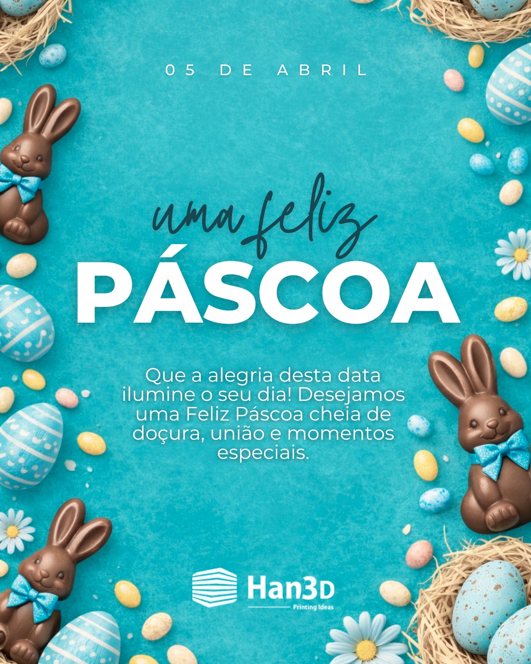 Que a alegria desta data ilumine o seu dia! Desejamos uma Feliz Páscoa cheia de doçura, união e momentos especiais.
Um excelente feriado a todos!
#Han3D #FelizPascoa #Pascoa #DomingoDePascoa