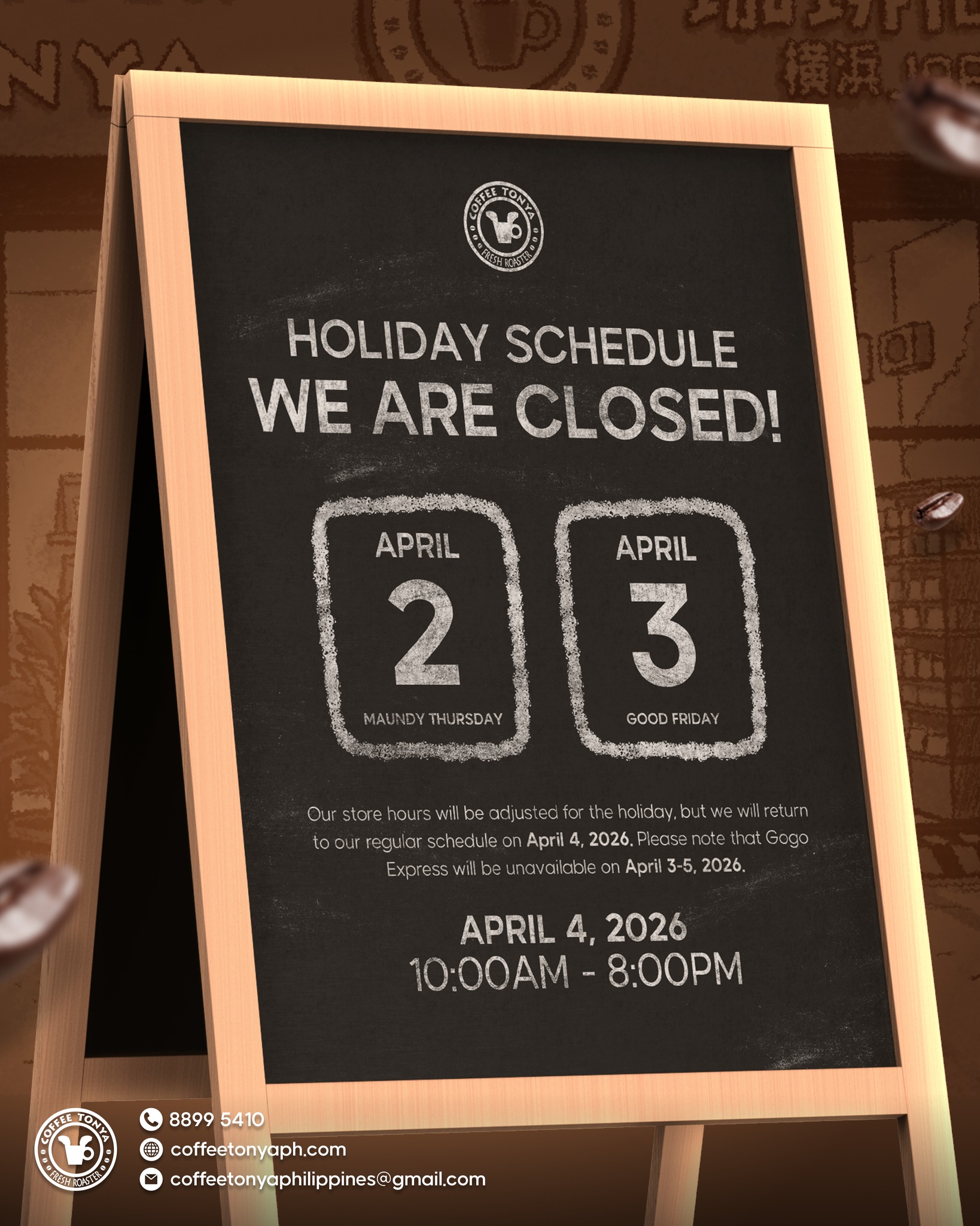 Important Holy Week Schedule Update! š£šļø
Please be advised that Coffee Tonya will be closed on April 2 (Maundy Thursday) and April 3 (Good Friday) to observe the holidays. We will resume our regular store hours on Saturday, April 4 (10:00 AM - 8:00 PM).
šØ DELIVERY ADVISORY: Kindly note that Gogo Express will be UNAVAILABLE on April 3-5, 2026. Please adjust your online coffee hauls and plan your deliveries accordingly to avoid any interruptions to your daily grind!
#CoffeeTonyaPH #HolyWeek2026 #CoffeeDelivery