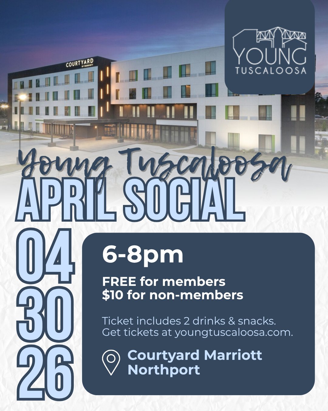 Our monthly socials are back on April 30 at 6pm. Join us at the Courtyard Marriott Northport for your opportunity to socialize and network with Tuscaloosa's best and brightest!
FREE for members, $10 for non-members. Register at youngtuscaloosa.com. 💻
#YoungTuscaloosa