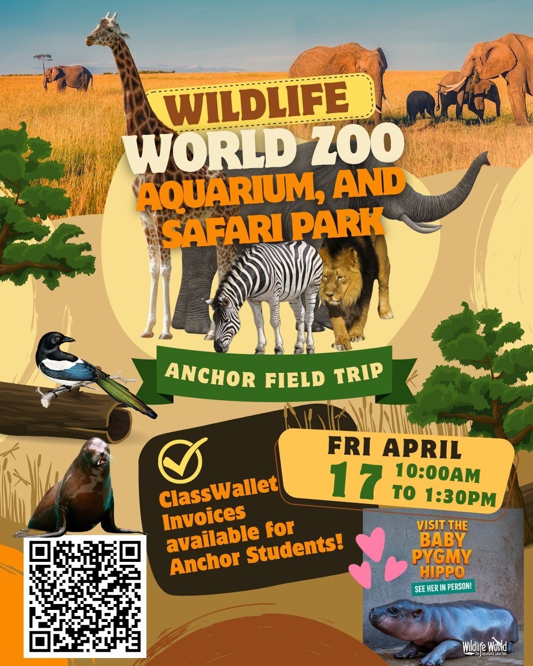 Current and Incoming Anchor Families! We are excited to visit the Wildlife World Zoo on Friday, April 17th! Check out this west valley gem and enjoy the day with Anchor friends. See details and our planned meetups here: https://www.zeffy.com/en-US/ticketing/wildlife-world-zoo-field-trip-with-anchor