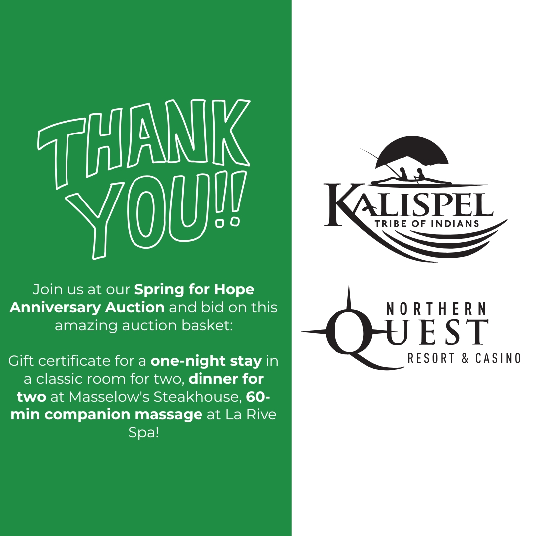 We’re so grateful to the @kalispeltribeofficial and @northernquest for their continued support of suicide prevention through this generous auction donation! 💚
Trust us, you’re going to want to bid on this one. 🤩
This package includes:
• One night stay in a classic room for two
• Dinner for two at Masselow’s Steakhouse
• 60 minute companion massage at La Rive Spa
Everything you need for the perfect night away! ✨
Don't miss your chance to bid! Click the link in our bio to get your tickets! 🎫
#northernquest #northernquestcasino #suicideprevention #downtownspokane #spokaneevent