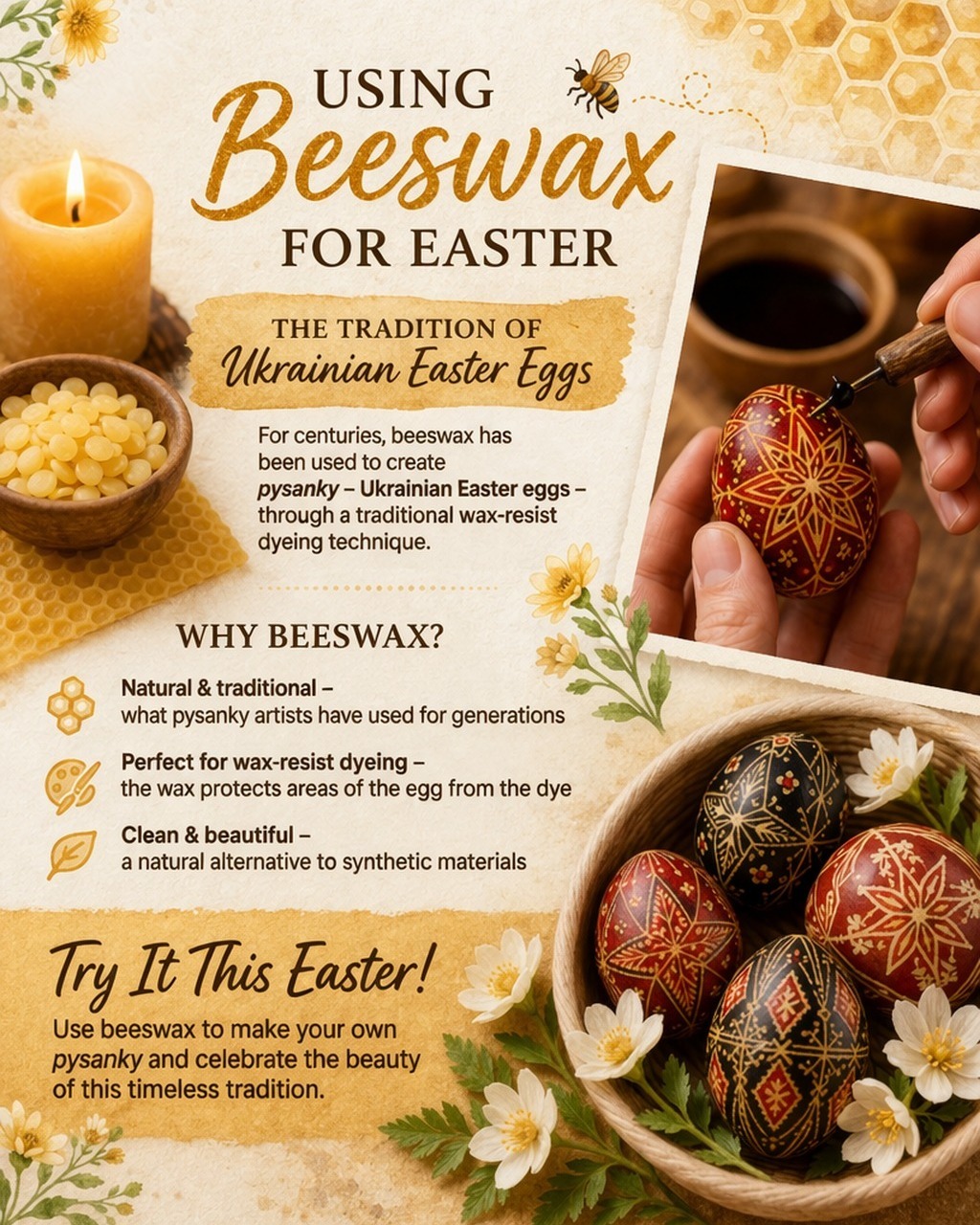 🌼🐝 Get ready for Easter the natural way!
Beeswax has been used for generations to create beautiful Ukrainian Easter eggs, and it’s the perfect addition to your holiday traditions. Whether you’re decorating pysanky, crafting, or adding a warm glow to your home, beeswax does it all ✨
We’ve got everything you need:
🍯 Beeswax blocks, bars & buttons – perfect for egg decorating & DIY projects
🕯️ Handcrafted beeswax candles – a cozy, natural touch for your Easter table
Clean, natural, and straight from the hive 💛
Celebrate Easter with tradition, creativity, and a little help from the bees 🐝🌸
#EasterTraditions #Beeswax #Pysanky #UkrainianEaster #ShopLocal #FromTheHive