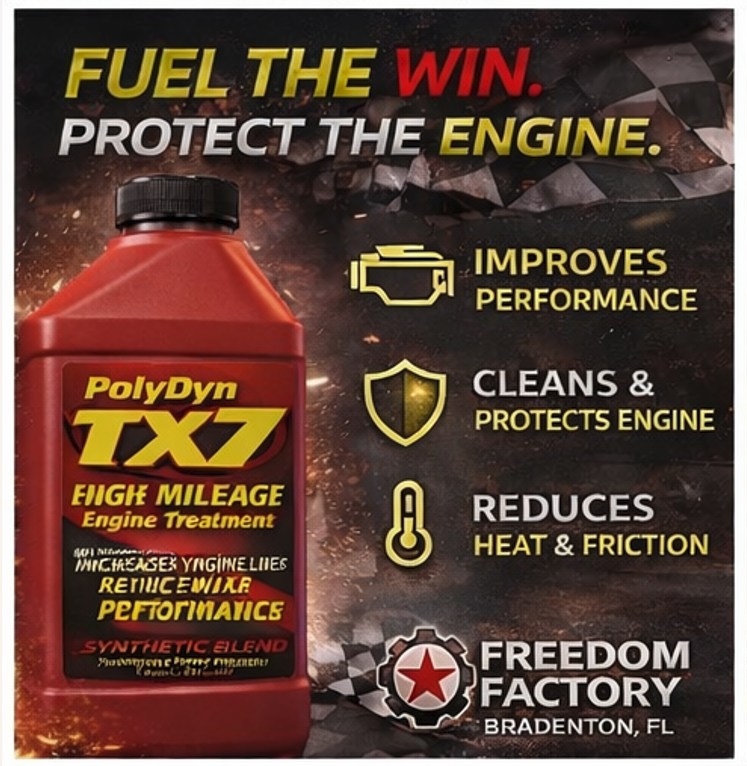 ⚙️ 10 days until race day at the @freedom.factoryusa! Shoutout to TX7 by @polydyncoatings who will be riding with us (in our engine) all the way to Bradenton, FL! We appreciate every bit of support and love this High Mileage formula in our tow vehicle! See you April 18th! #MichTexMotorsports #SPRLegacySeries #Racing #FreedomFactory