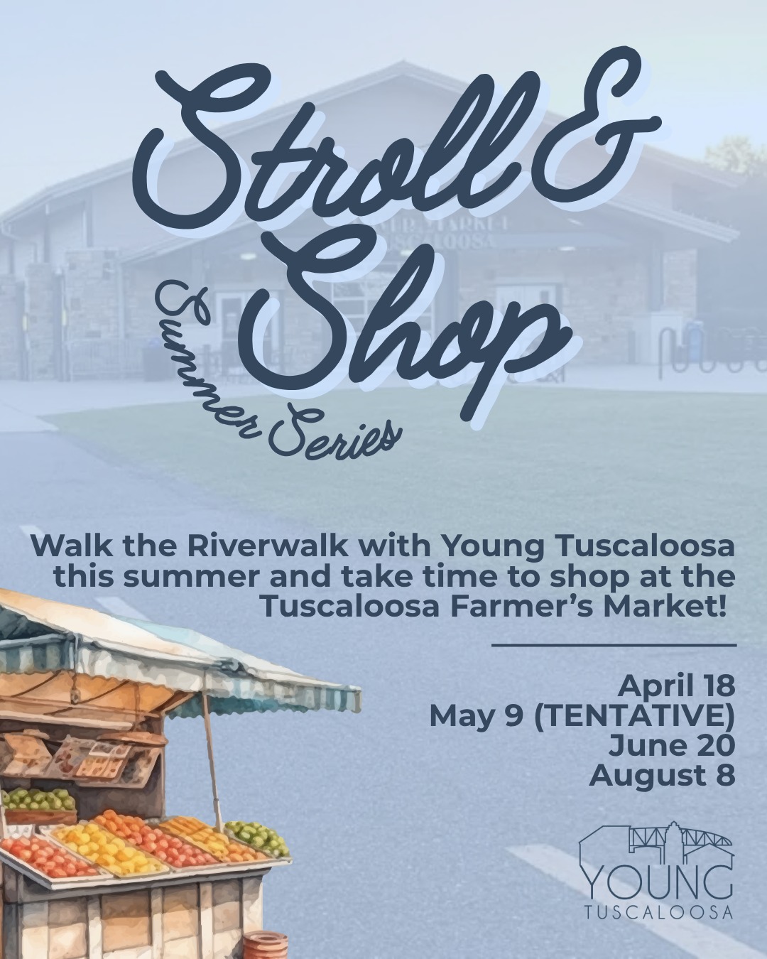 The YT Stroll & Shop Summer Series is here! Join us on Saturdays throughout the summer to stroll along the Riverwalk and shop at the Farmer's Market.
We'll meet at 9am each designated Saturday at the River Market and walk about 2 miles, ending back at the River Market.
Please RSVP at youngtuscaloosa.com in order for us to confirm numbers. This event is FREE and open to all -- members and non-members.
We'll see you there!
#YoungTuscaloosa