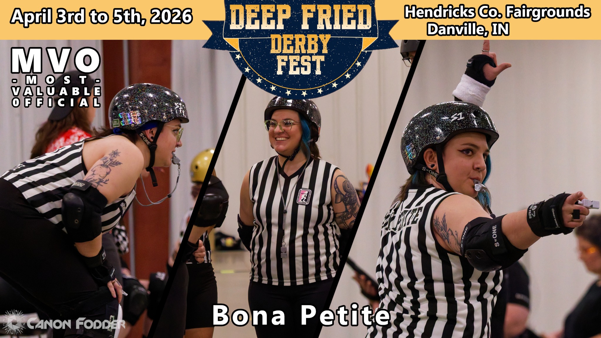 The inaugural Deep Fried Derby Fest has come to a close! Thank you to the teams, officials, volunteers, vendors, and community for making the weekend a success. Thank you to @derbydatenight for streaming all weekend. We'd also like to congratulate the tournament MVPs as chosen by participating teams and sponsored by @rudechixclothing
MVO: Bona Petite
MVJ: Devious Diva (#777)- @akronrollerderby
MVB: Liv Laugh Shove (#414) - @a2rollerderby
📸 @canonfodderderby
#Rollerderby #rollerskating #derby #CircleCityRollerDerby #DeepFriedDerbyFest