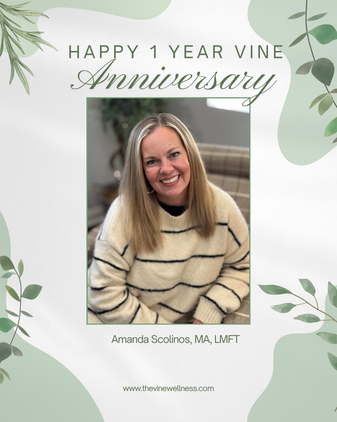 Happy 1st work anniversary to therapist, Amanda Scolinos. Amanda officially joined us in April last year as an Associate and has continued to be part of our team as a fully licensed therapist. We are so grateful for Amanda; her compassion, curiosity, and kindness contribute to the characteristics that clients and colleagues love about her!
Learn more about Amanda HERE:
https://www.thevinewellness.com/team/amanda-scolinos
#thevinewellnessgroup #sanantonio #faithbasedcounseling #stoneoaksanantonio #sanantoniocounselor #couplestherapy #marriagetherapy #workanniversary