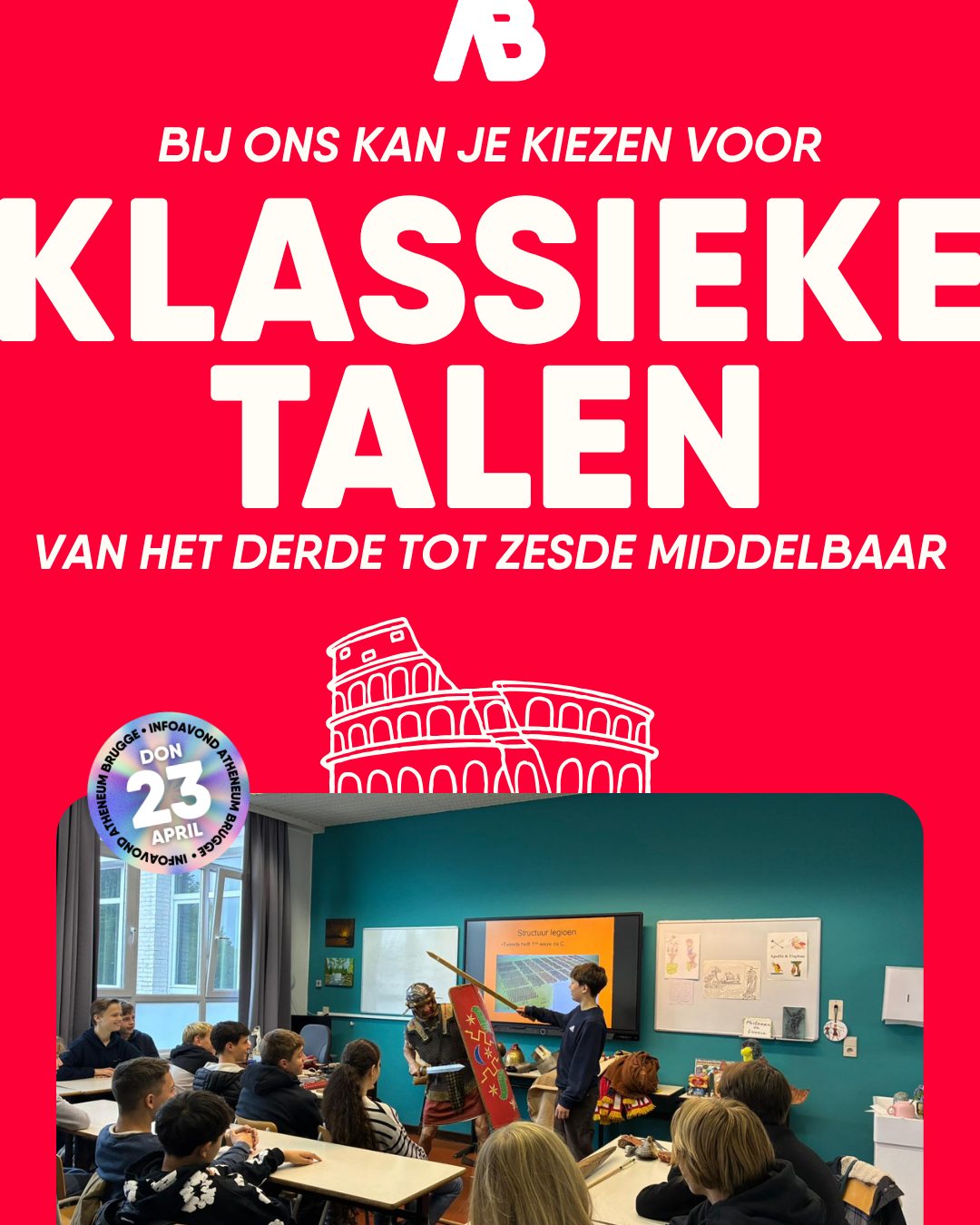 De klassieke talen blijven een graag gezien optiepakket in het middelbaar onderwijs, zo ook bij ons. Kies in het derde en vierde jaar voor Latijn (met of zonder Grieks) en verdiep je vanaf het vijfde jaar verder in een extra domein.
—
Ontdek alle mogelijkheden op atheneumbrugge.be en schrijf je meteen in voor onze infoavond op donderdag 23 april!
—
#ikbeneenatheneeër #fieroponsgo #atheneumbrugge #impact