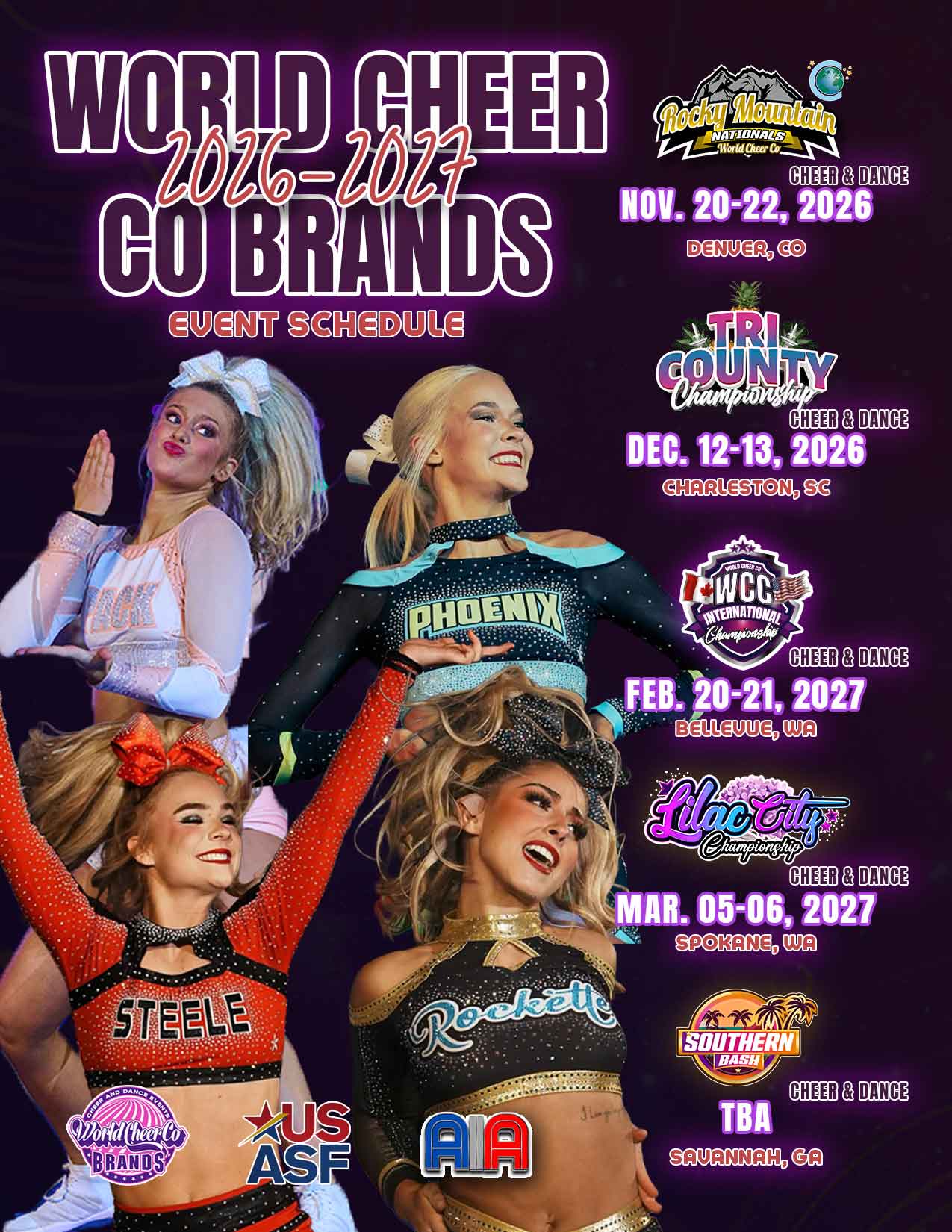 Our 2026-2027 season dates are now LIVE! Mark your calendars & join the World Cheer Co Brands family for your upcoming season!
🎉 LOYALTY REWARD ALERT
✨ Compete at 2 events
🎁 Get your 3rd event FREE!
Invitations to The AIA Global Tournament's second annual event in January 2028! Get ready for an unforgettable competition. More details on how to apply will be released soon.
Bids to end of season events in the United States 🇺🇸
Don’t miss out- start planning your season now and take advantage of this exclusive offer! Contact Amelia@worldcheer.co