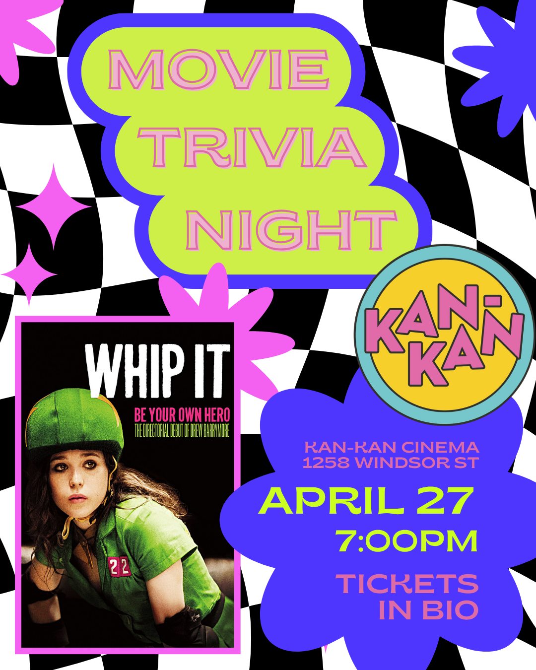 Join us at @kankancinema for trivia and a showing of Whip-It. Word on the street is that you can also order a CCRD specialty cocktail AND pizza while you're in!
Tickets on sale now through the link in our bio