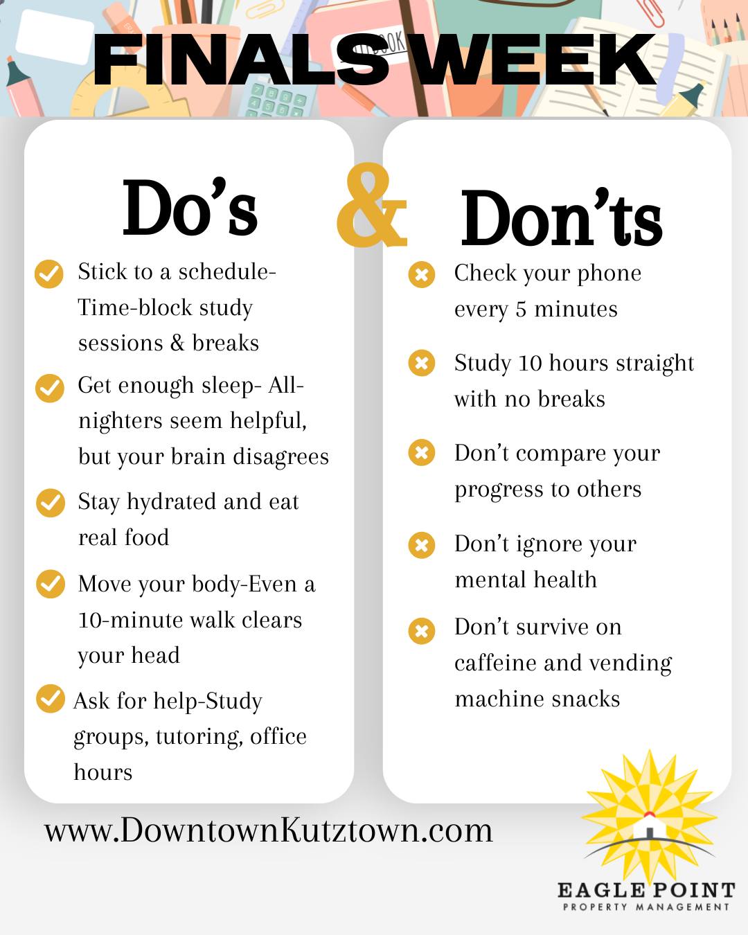 Finals are coming up— but you don’t have to make it harder on yourself.
Save this list. Send it to a friend.
And remember: You’re doing better than you think 💪
#FinalsWeek #CollegeTips #StudySmart #YouGotThis #eaglepoint #downtownkutztown #KU #goldenbears #kutztownuniversity #livehowyouwantto #EPPM #May #Finals #goodluck #exams