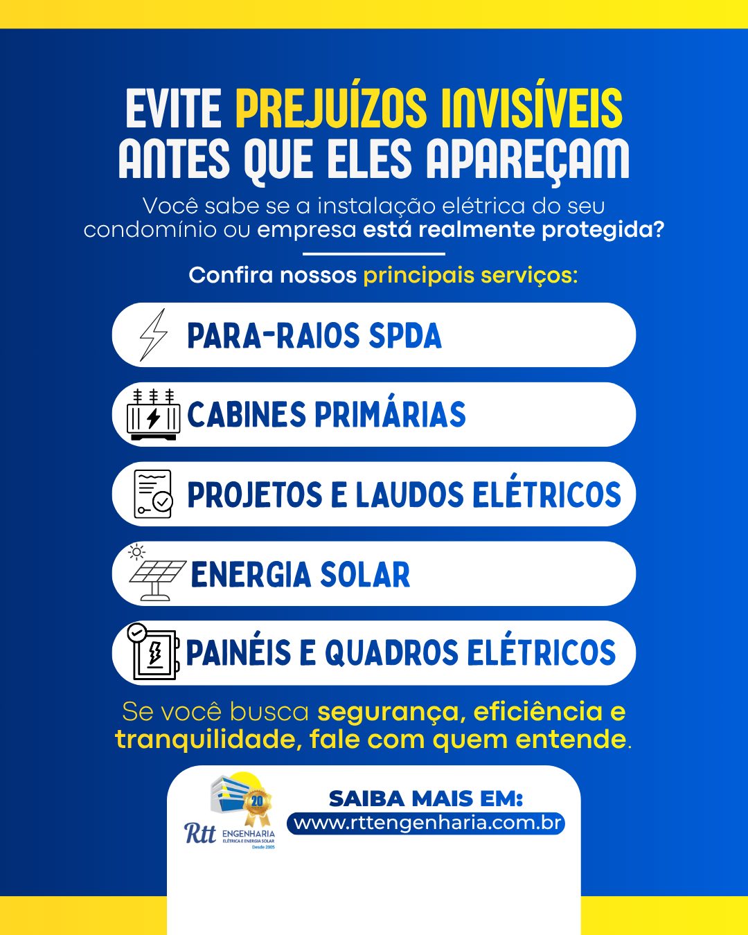 ⚠️ Prejuízos invisíveis hoje podem virar grandes problemas amanhã.
Você tem certeza de que a instalação elétrica do seu condomínio ou empresa está realmente segura? 🔎
Falhas elétricas, falta de manutenção e ausência de laudos podem gerar riscos, prejuízos financeiros e até comprometer a segurança de todos ⚡
A RTT Engenharia entrega soluções completas para você ficar tranquilo:
✔️ SPDA - Proteção contra descargas elétricas
✔️ Cabines primárias - Segurança e eficiência energética
✔️ Projetos e laudos elétricos - Conformidade e prevenção
✔️ Energia solar - Economia inteligente
✔️ Painéis e quadros elétricos - Controle e desempenho
- Estação de recarga para veículo elétrico ⚡️
💡 Segurança não é gasto, é investimento.
Conte com quem tem experiência desde 2005 e entende do assunto.
📍 Atendemos toda a Baixada Santista
📞 (13) 3329-3628
📲 WhatsApp (13) 3358-2401
RTT Engenharia, Elétrica voltada a vida
🚀 Fale com nossa equipe e evite prejuízos antes que eles apareçam
#engenhariaeletrica #rttengenharia