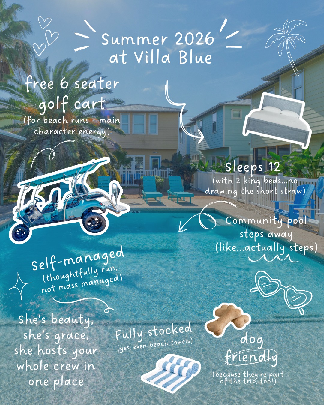 She’s beachy, she’s bright, she fits your whole crew just right! 🌊
☀️ Golf cart for cruising
☀️ Pool right there
☀️ Dogs welcome
☀️ Beds you’ll actually want to sleep in
☀️ And yes… we already thought of the beach towels
It’s giving easy vacation!
#VillaBluePortA #TexasCoast #PortAransas #PortA #BeachTownLife #GolfCartLife #SlowTravel #BeachHouseLife #PortAransasStay #StayinPortA #VisitPortAransas #SummerByTheSea #PortAGetaway