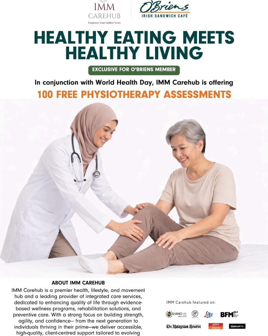 The Health Celebration – Invest in Health, Celebration with Strength 💪
In conjunction with World Health Day, IMM Carehub is collaborating with O’Brien’s to bring you a special health campaign focused on your nutrition and fitness goals.
✨ Promotion includes:
• Strength Training (Non-guided)
• Tanita Body Composition Analysis
• Biweekly Diet Consultation
• Diet & Exercise Tracker
🎉 100 FREE Physiotherapy Assessments
📅 7 April 2026 – 7 May 2026
Limited slots available.
📞 Contact IMM Carehub: 017-210 0218
DM us to find out more.
#IMMCarehub #thehealthcelebration #163retailpark #obriens #worldhealthday2026