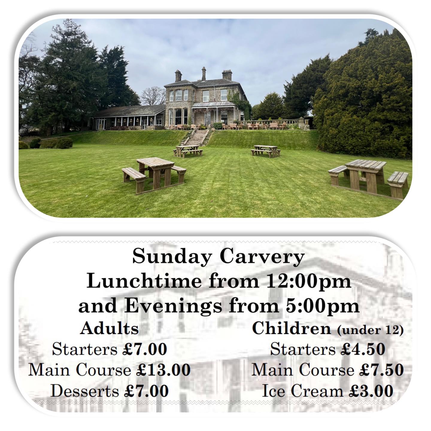 SUNDAY CARVERY
serving today - Sunday Afternoon from 12pm and Evening from 5pm
Takeaways available
Call or message to book now
01900 824400