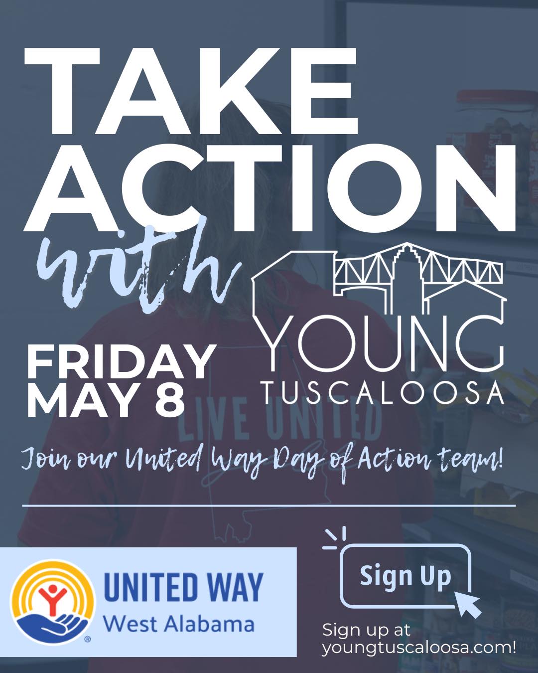 Take action with YT on United Way’s Day of Action! Join our team on May 9 as we partner with a local organization to make an impact in the West Alabama community.
Sign up today at youngtuscaloosa.com. #YoungTuscaloosa