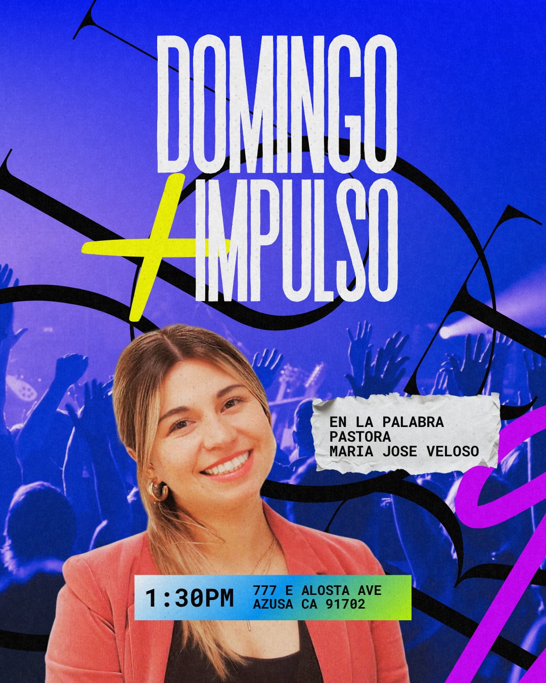 ¡Prepárate para recargar tus energías este fin de semana en DOMINGO + IMPULSO! ✨🙌
Te invitamos a ser parte de un tiempo especial de adoración y comunidad. Esta semana, tendremos el privilegio de recibir en la palabra a la Pastora Maria Jose Veloso, con un mensaje que seguramente bendecirá y desafiará tu vida. 📖🔥
No te lo pierdas, ¡ven a recibir ese impulso que necesitas para tu semana!
⏰ Hora: 1:30 PM
📍 Lugar: 777 E Alosta Ave, Azusa CA 91702
¡Invita a un amigo o familiar, nos encantaría verte ahí! 👇