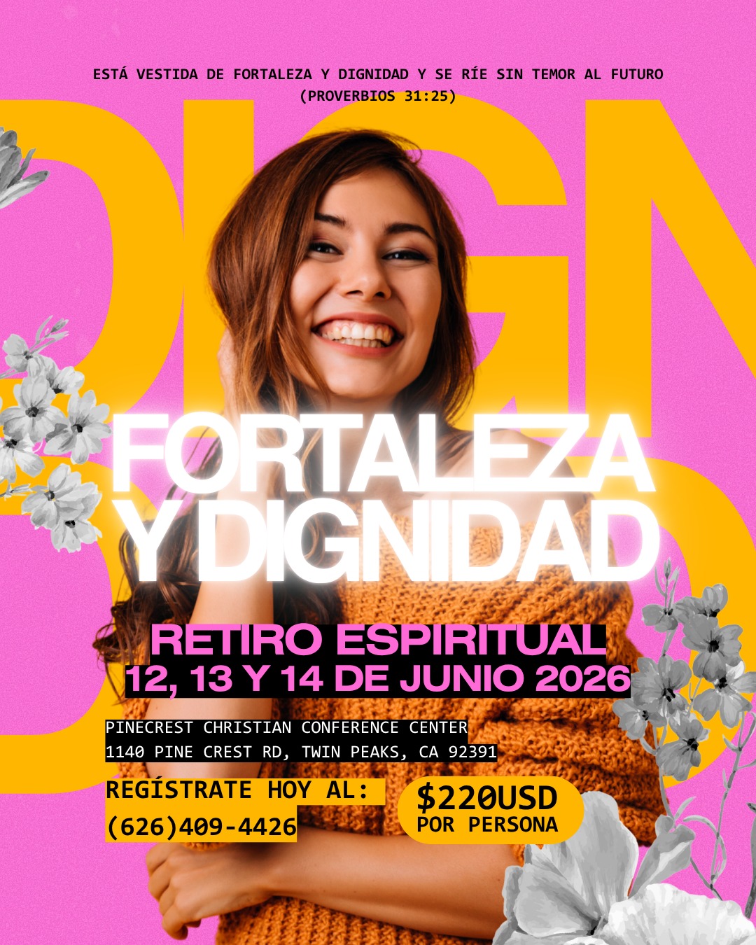 ¡RESERVA LA FECHA! 🔔 Retiro Espiritual 2026
Es momento de hacer una pausa y llenarte de la paz que solo Dios puede dar. Únete a nosotras este 12, 13 y 14 de junio para un fin de semana transformador.
✅ Costo: $220 USD.
✅ Ubicación: Pinecrest Christian Conference Center, Twin Peaks.
✅ Inscripciones: (626) 409-4426.
¡Aparta tu lugar y prepárate para reír sin temor al futuro! Te esperamos con los brazos abiertos. 🙌💖