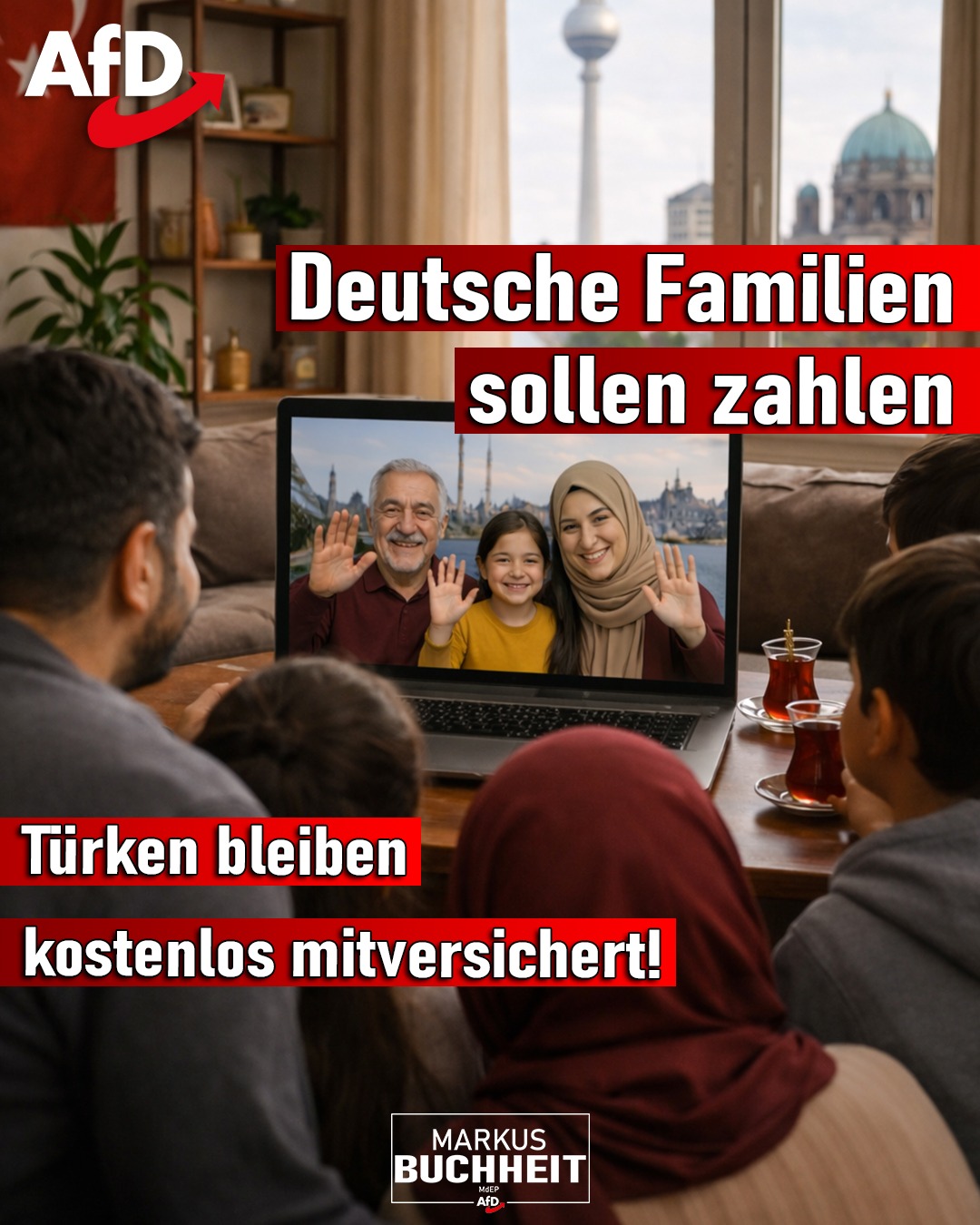 Die CDU ist mal wieder vor der SPD umgekippt. Nun soll die kostenlose Familienversicherung abgeschafft werden - mit Mehrkosten von 240€ pro Monat.
Davon nicht betroffen, die in der Türkei lebenden Familien von Türken in Deutschland. Kinder, Ehepartner, sogar die Eltern : alle bleiben kostenfrei mitversichert. Finanziert von den deutschen Beitragszahlern. Da bekommt das Wort „Solidargemeinschaft“ eine völlig neue Bedeutung.
Wir Deutschen sollen nicht nur Millionen von arbeitsfähigen Flüchtlingen alimentieren, sondern auch die Gesundheitsversorgung in der Türkei bezahlen.
Das ist „Germany First“ á la CDU!