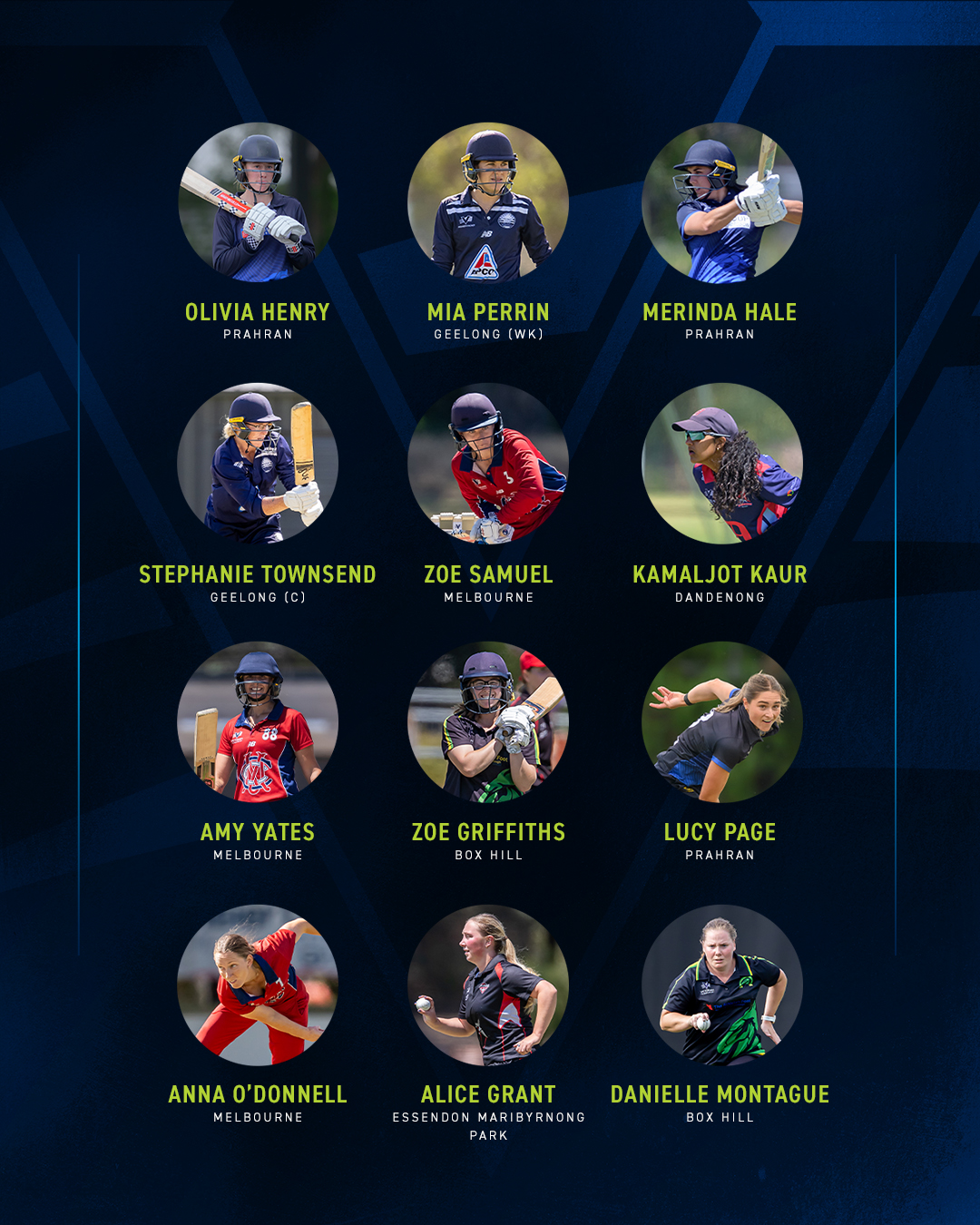 Congratulations to the following players selected in the Women's 1st XI Team of the Season:
Olivia Henry (@prahrancc)
Mia Perrin (WK) (@geelongcc)
Merinda Hale (@prahrancc)
Stephanie Townsend (Capt.) (@geelongcc)
Zoe Samuel (@melbournecc_1838)
Kamaljot Kaur (@dandypanthers)
Amy Yates (@melbournecc_1838)
Zoe Griffiths (@boxhillcricketclub)
Lucy Page (@prahrancc)
Anna O'Donnell (@melbournecc_1838)
Alice Grant (@emp_bombers)
Danielle Montague (@boxhillcricketclub)