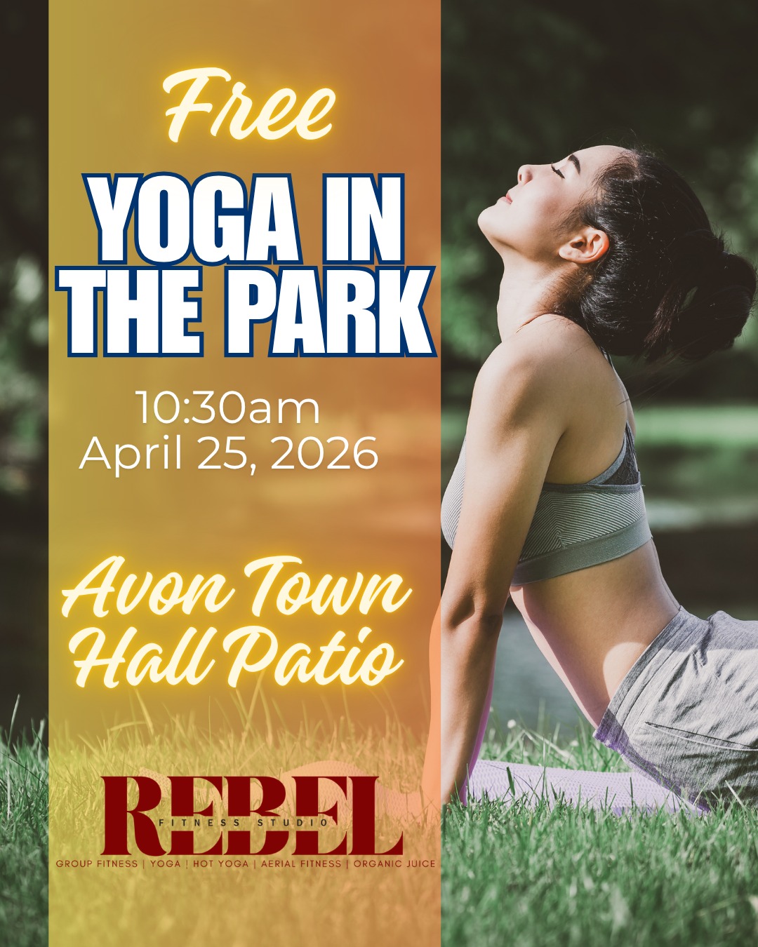 🧘 FREE Yoga in the Park!
📅 Sat, April 25 | ⏰ 10:30am
📍 Back patio at Avon Town Hall (Blue Heron Park)
Sponsored by Rebel Fitness Studio with the Avon Parks Department + Visit Indy as part of Trail Mixer 2026, a Greater Indy Trailways Festival.
Grab your mat and meet us outside! 🌞🌿
#rebelfitstudio #hendrickscountyindiana #brownsburgindiana #rebelsalwaysrise #plainfieldindiana #avonin #Community #danvillein