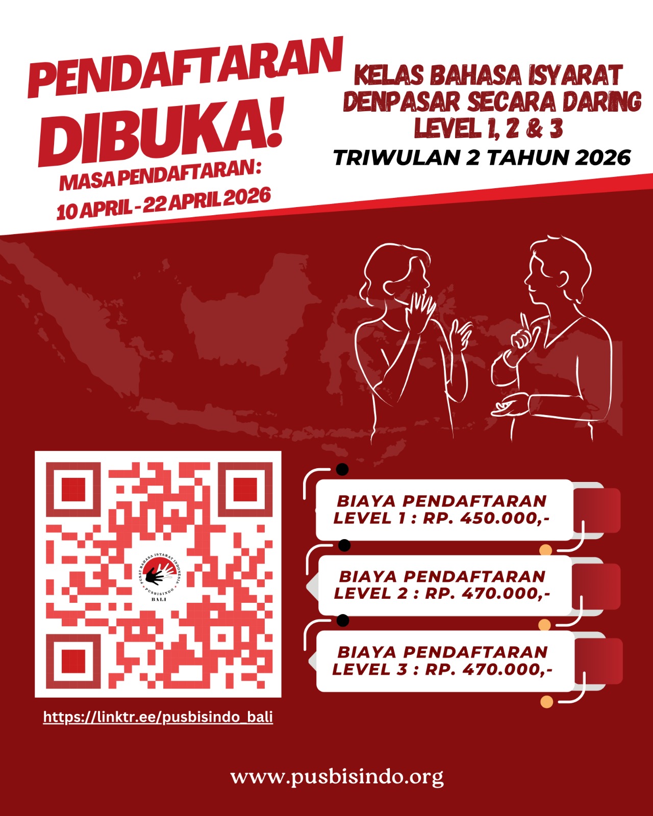 β¨ Pendaftaran Kelas Reguler Bahasa Isyarat Indonesia (Bisindo) β Pusbisindo Bali β¨
Ingin merasakan serunya belajar Bahasa Isyarat Indonesia (Bisindo) langsung dari Guru Tuli berpengalaman? Yuk, daftarkan dirimu sekarang dan jadi bagian dari komunitas yang inklusif!
π Apa yang kamu dapatkan?
β
Diajarkan langsung oleh Guru Tuli berpengalaman
β
Pilihan jadwal kelas: pagi, siang, sore, dan malam (hari biasa/akhir pekan β menyesuaikan kuota)
β
Durasi: 2 jam per pertemuan
β
Total 11x pertemuan (termasuk tugas & ujian akhir)
β
Sertifikat kelulusan sesuai level
β
Sistem pembelajaran menggunakan Google Classroom
πΈ Biaya Pendaftaran:
Level 1: Rp 450.000,-
Level 2: Rp 470.000,-
Level 3: Rp 470.000,-
π Periode Pendaftaran: tanggal 10 - 22 April 2026
(Catatan: Pendaftaran bisa ditutup lebih awal jika kuota telah terpenuhi)
π Link Pendaftaran:
π https://linktr.ee/pusbisindo_bali
π£ KUOTA TERBATAS & TERBUKA UNTUK UMUM!
Untuk info lebih lanjut:
π± WhatsApp (chat only): 0812-3740-0021
π§ Email: pusbisindo.bali@gmail.com
π IG: @pusbisindo
π Jangan sampai ketinggalan! Mari bergabung dan belajar Bahasa Isyarat Indonesia (Bisindo) bersama Pusbisindo Bali untuk mewujudkan komunikasi yang inklusif bagi semua.
#bahasaisyarat #kelasbahasaisyarat #bisindo #bahasaisyaratindonesia #kelasbahasaisyaratindonesia