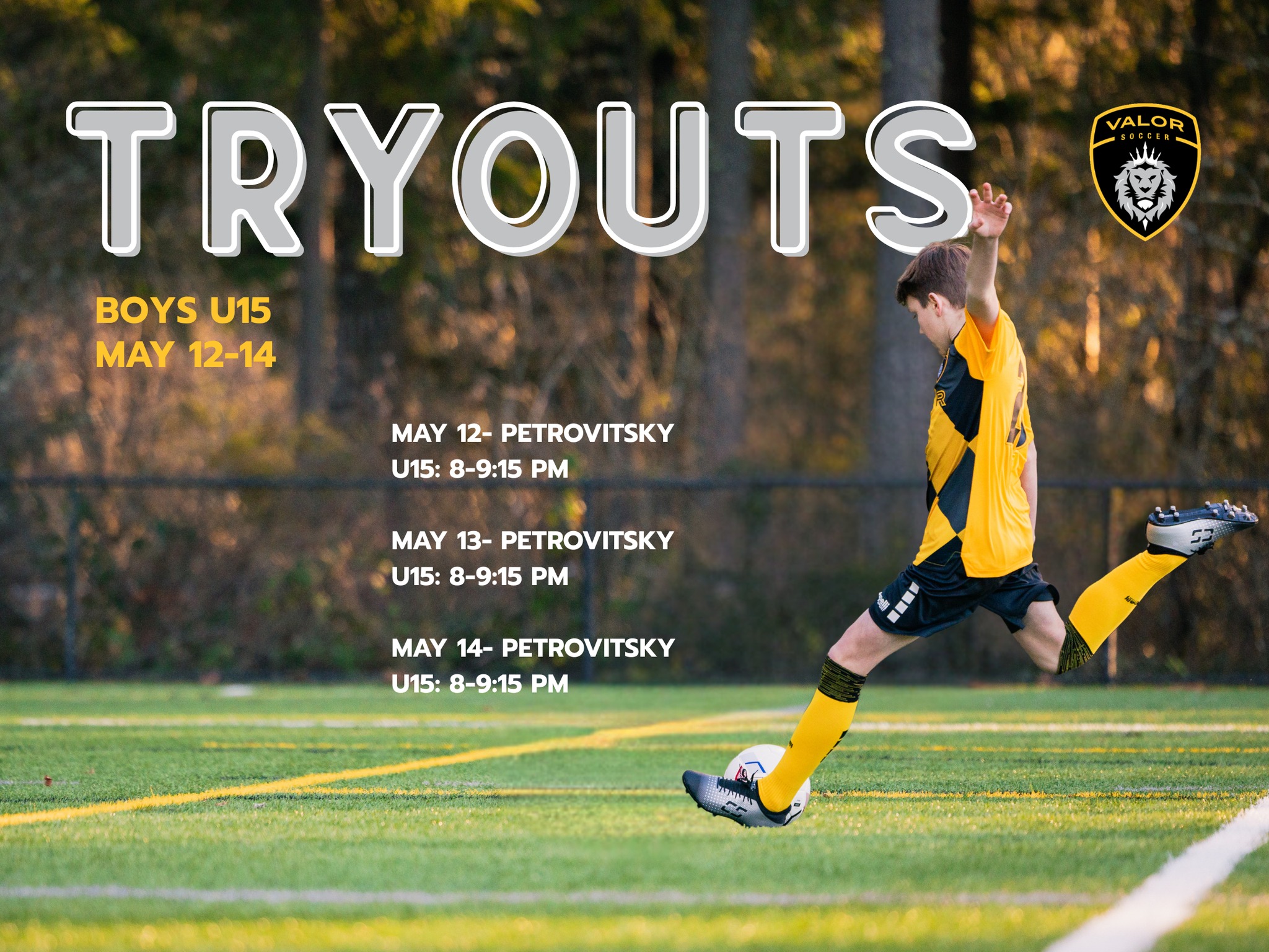 Ready to compete?
Join us for our Boys U15 Tryouts and take the next step in your development, where growth, confidence and teamwork are a priority. #SpringTryouts #WeAreValor
Tryouts will be held May 12-14, register to secure your spot. To register, click the link in our bio.