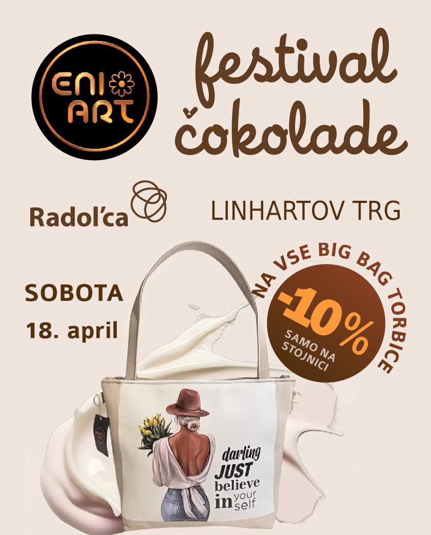 🍫 18. aprila – Festival čokolade RADOVLJICA !!
Na moji stojnici vas čaka nekaj posebnega:
-10 % na vse BIG BAG TORBE 👜
Pridite mimo, ujemite akcijo in si privoščite nekaj zase 😊
Lepo vabljeni na sladek dan in malo razvajanja ❤️
