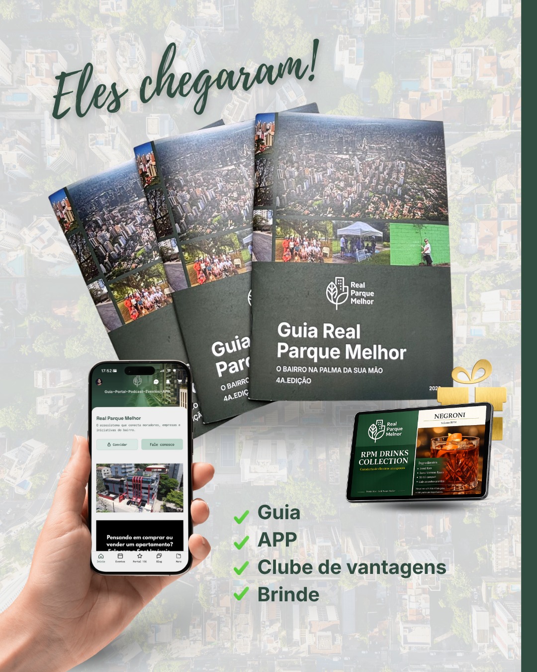 ✨ *CHEGOU A NOVA ERA DO REAL PARQUE MELHOR* ✨
A *4ª edição do Guia* já está nas ruas — e desta vez ela vem ainda mais completa:
📖 *Guia*
📲 *APP do bairro*
💚 *Clube de Vantagens*
🎁 *Brinde exclusivo*
É o bairro evoluindo, se conectando e ganhando cada vez mais ferramentas para fortalecer sua comunidade, valorizar seus negócios e aproximar pessoas, serviços e oportunidades.
Tudo isso com a identidade e o propósito de quem acredita no poder da *união, da comunicação e do pertencimento*.
🚀 *A distribuição já começou!*
📲 *Baixe agora o APP e faça parte dessa nova fase:*
www.realparquemelhor.com.br/baixe-o-app
📍*Confira também onde encontrar o Guia no bairro pelo site*
*O bairro na palma da sua mão.*
#RealParqueMelhor #GuiaRPM #AppRealParqueMelhor #ClubeDeVantagens #BairroNaPalmaDaSuaMão #RealParque #Morumbi #SãoPaulo #ZonaSulSP #ComércioLocal #VidaNoBairro