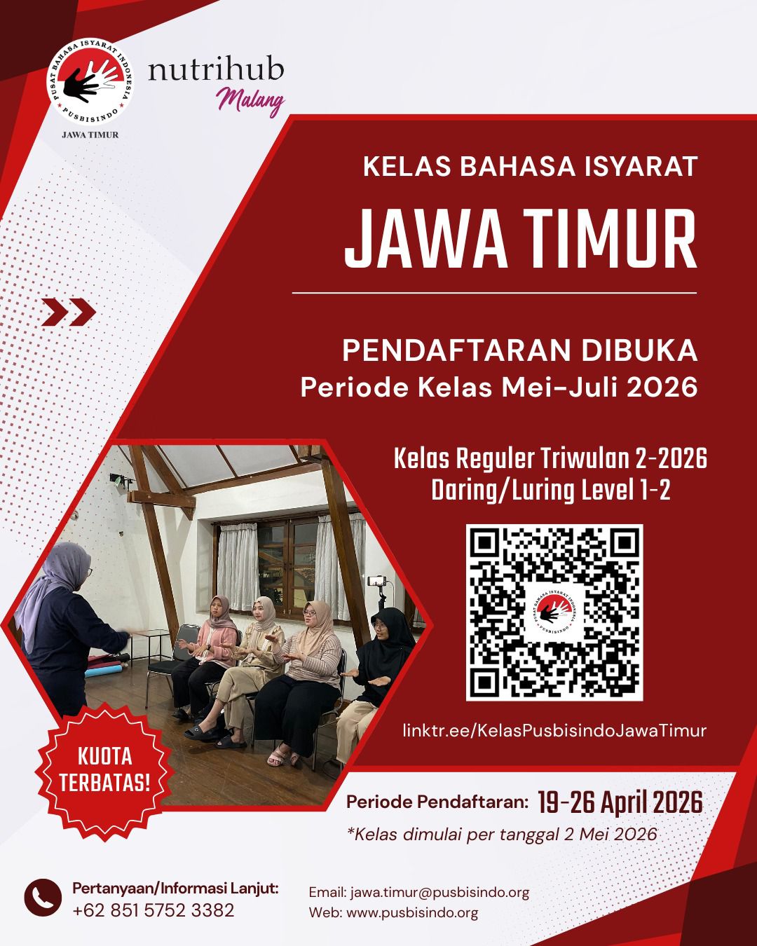 Hai, Sahabat Pusbisindo! โจ
Pendaftaran Kelas Bahasa Isyarat Reguler Triwulan 2 | 2026 Level 1 & 2 telah dibuka ๐๐ฅฐ
Belajar langsung bersama tutor Tuli dan rasakan pengalaman seru berkomunikasi dengan teman-teman Tuli. Bisa ikut luring maupun daring!
๐ Periode Pendaftaran: 19-26 April 2026
โก๏ธ Kuota terbatas, jadi jangan sampai kehabisan ya!
๐ฐ Biaya Pendaftaran:
๐น LEVEL 1 โ Luring: Rp 600.000 | Daring: Rp 500.000
๐น LEVEL 2 โ Daring: Rp 650.000
Benefit Kelas:
โ๏ธ 10x pertemuan + 1x ujian
โ๏ธ Recording kelas
โ๏ธ Materi lengkap (PDF & video)
โ๏ธ Sertifikat resmi bernomor induk
๐ Pilihan jadwal & lokasi lengkap bisa cek di slide berikutnya
๐ฒ Daftar sekarang lewat linktree di bio atau scan QR code di poster
๐ linktr.ee/KelasPusbisindoJawaTimur
Untuk info lebih lanjut hubungi:
๐ Mindo Jatim (0851-5752-3382)
Sampai ketemu di kelas Bisindo area Jawa Timur! ๐ซถโจ
#bahasaisyarat #kelasbahasaisyarat #bisindo #bahasaisyaratindonesia #kelasbahasaisyaratindonesia #belajarbersamaTuli #pusbisindo #pusbisindojawatimur