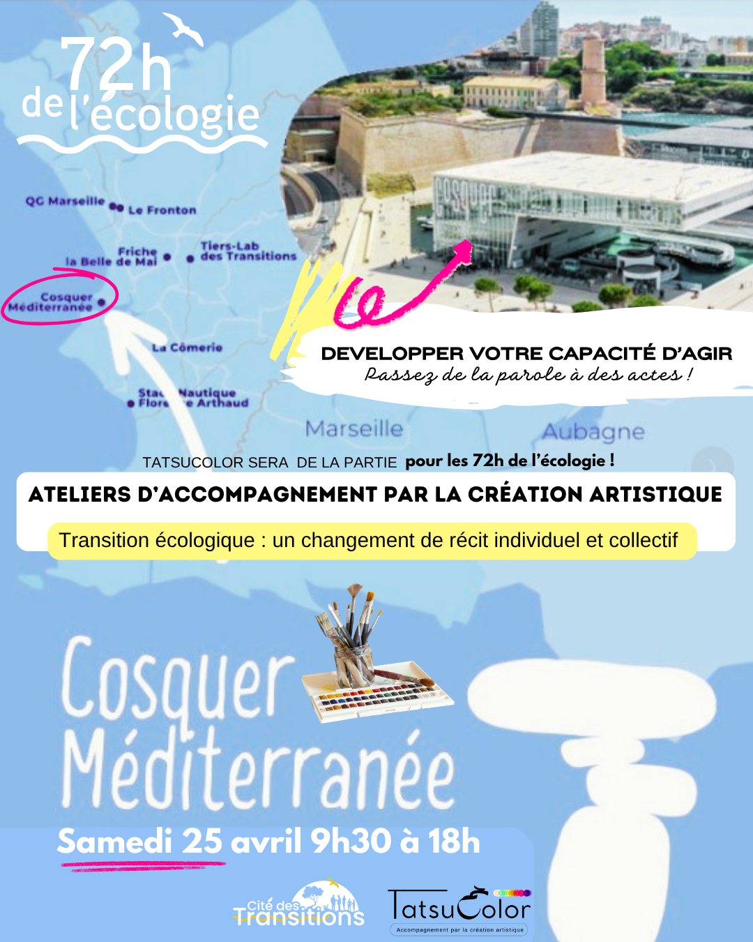 C'est demain !
Une journée entière dédiée à l’exploration et à la création autour de la transition écologique : un changement de récit individuel et collectif.
Ateliers expérientiels d’accompagnement par la création artistique – réservé aux adultes
Explorez vos ressorts profonds et découvrez vos capacités d’agir pour changer votre récit et contribuer à un récit collectif plus durable. Laissez-vous guider par notre bienveillante accompagnatrice au pays de la création et partez à la découverte… de vous-mêmes !
Pourquoi les récits comptent : nos choix et nos actions sont guidés par les histoires que nous nous racontons. Comme le souligne Charles Eisenstein (Sacred Economics), réinventer nos récits sociaux et économiques est essentiel pour construire un futur viable. Naomi Klein (This Changes Everything) rappelle que pour relever le défi climatique, nous avons besoin de récits qui inspirent l’action collective. Joan Chittister insiste sur la transformation intérieure comme moteur de changement social.
Et ce n’est pas tout : notre outil a fait ses preuves ! Il permet de développer concrètement la capacité d’agir, de passer de la parole à l’action et de réduire le gap entre intentions et gestes concrets pour la transition écologique. Les résultats sont tangibles et mesurables, pour un engagement réel et durable.
Une expérience unique pour allier introspection, créativité et action écologique concrète.
hashtag#TransitionEcologique hashtag#ChangementDeRécit hashtag#72hDeLEcologie hashtag#Création hashtag#Engagement hashtag#ArtEtEcologie hashtag#CapaciteDAgir hashtag#Marseille hashtag#agentivité