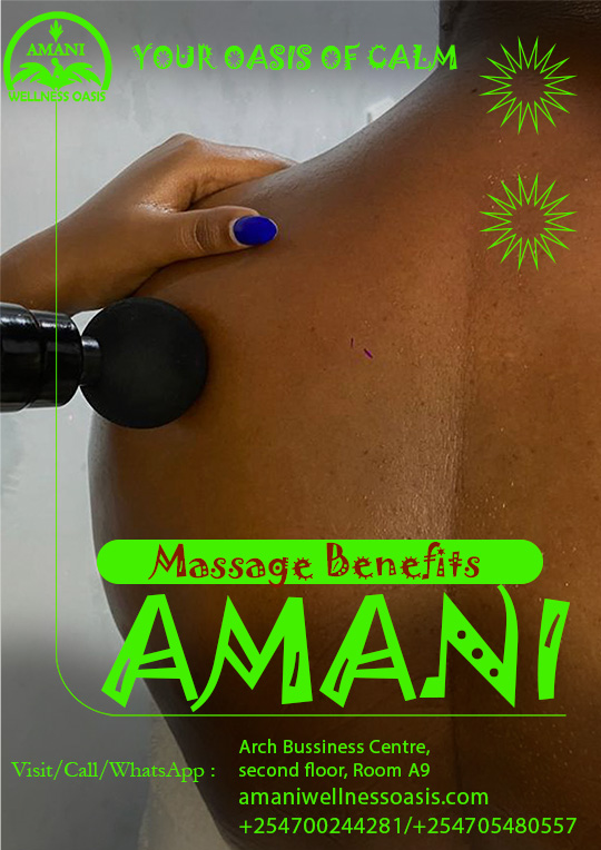 Massage does more than help you relax
Regular massage helps release muscle tension, improve circulation, reduce stress, and support better sleep. It also helps your body recover from daily strain and feel lighter and more balanced.
Taking time for massage is part of caring for both your body and your mind
📍 Arch Business Centre, 2nd Floor, Room A9, Along Eastern Bypass
📞 0700 244 281 | 0705 480 557
#MassageBenefits #BodyWellness #Relaxation #AmaniWellnessOasis