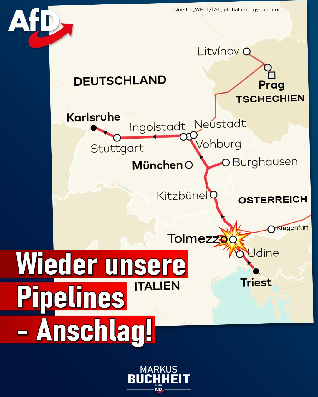 Kurz vor den Osterferien und der Einführung der "Spritpreisbremse", wurde die TAL-Pipeline unweit der österreichischen Grenze angegriffen. In dem hochalpinen Gelände erfolgte der "von Profis organisierte Blitzangriff" schon am 25. März, wie Investigativjournalisten der WELT jetzt enthüllten.
Durch die Transalpine Ölleitung wird der süddeutsche Raum mit Öl aus Triest versorgt. So auch das Tanklager Lenting und die Raffinerien Ingolstadt.
Der Anschlag bedrohte die gesamte Kraftstoffversorgung Süddeutschlands.
Im Fokus der Ermittler stehen auch "kriegführende Mächte". So wie bei Nordstream 2.
Und wie damals stellen sich viele die Fragen -
Wer war es? Wem nützt es?
P.S. Ein Bekennerschreiben tauchte bisher nicht auf.