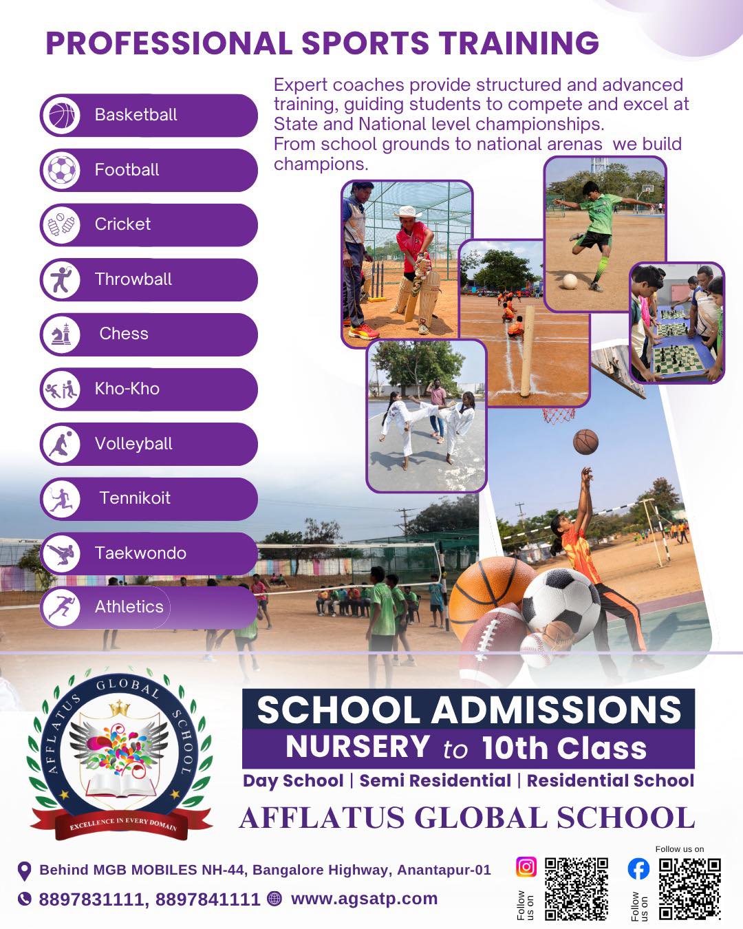 🏆 Build Champions On & Off the Field!
At Afflatus Global School, we don’t just teach — we train future winners 💪
With professional coaching across multiple sports, your child gets the perfect balance of academics + athletics 🎯
From school grounds to national arenas… the journey starts here 🚀
📚 Admissions Open 2026–27
👶 Nursery to 10th Class
🏫 Day | Semi-Residential | Residential
Give your child the power of discipline, confidence, and excellence ✨
📍 Anantapur
📞 8897831111 | 8897841111
🌐 www.agsatp.com
Hashtags:
#SchoolAdmissions #AdmissionsOpen #AfflatusGlobalSchool #SportsTraining #FutureChampions #BestSchoolAnantapur #EducationMatters #StudentLife #HolisticEducation #SportsAndStudies #CricketTraining #FootballTraining #Basketball #Taekwondo #Athletics #Chess #KhoKho #Volleyball #Tennikoit #AnantapurSchools #AndhraPradesh #SchoolLife #ParentsChoice #EnrollNow #qualityeducation