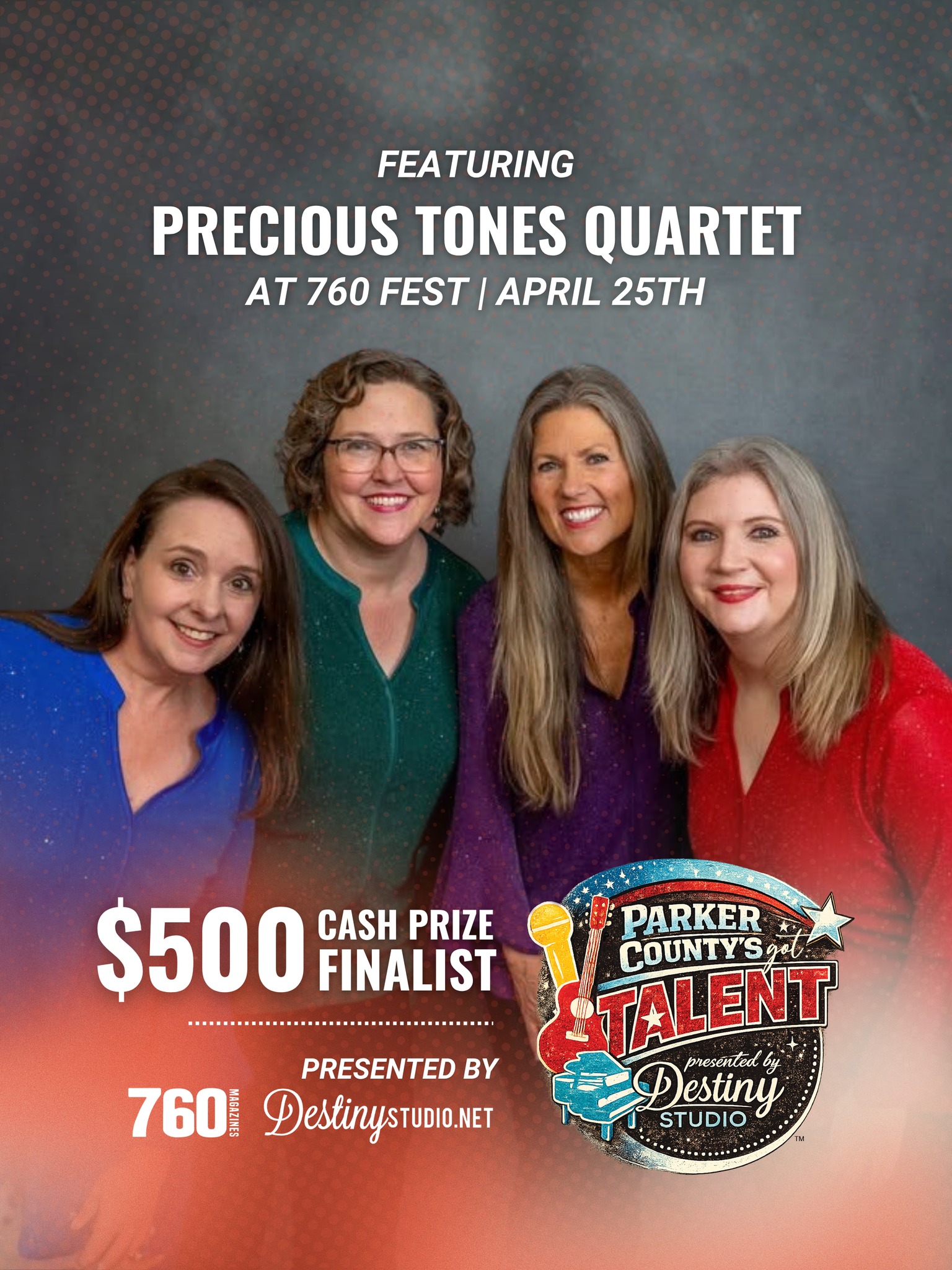 Come support Parker County’s Got Talent finalists: Precious Tones Quartet ✨
This dynamic quartet—April, Shana, Corinna, and Caryn—will take the stage with “Good Luck Charm” in classic barbershop harmony style 🎶
Tight harmonies, vintage charm, and a sound that’s both timeless and fun… this is one you’ll want to experience live.
LIVE in just 10 days at 760 FEST on April 25 at 1 pm at The District at Willow Park!
Presented as a finalist for the $500 CASH PRIZE 🏆
🎉 All ages welcome
Come cheer Precious Tones Quartet on!
#760fest #parkercountytx #aledotx #aledomusicscene #WeatherfordTX #benbrooktx #mineralwellstx #fortworthtx #fortwrothmusic