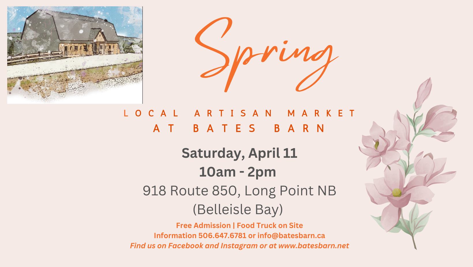 Join us Saturday April 11th for our Spring Artisan Market. With over 30 Vendors there is something for everyone. Thank you for supporting local Artisans and business.
Free Adminssion | Food Truck & Canteen on Site | 10 am - 2 pm
#batesbarneventsvenue #batesbarn #springmarketatthebarn #supportnbbusiness #springartisanatthebarn #buylocalsupportlocal #supportinglocalartisans