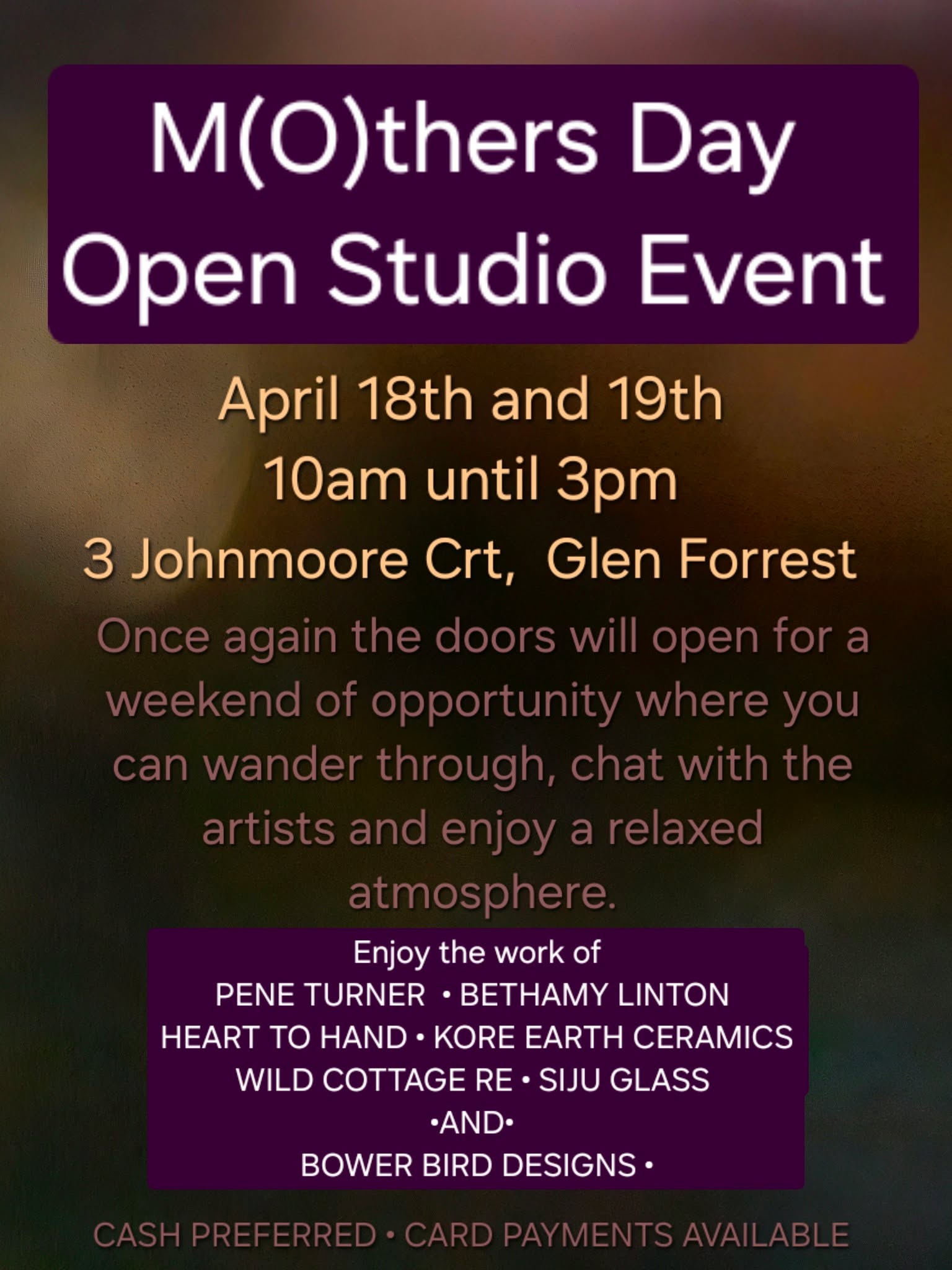 A great opportunity to see a collection of art and gifts by hill's artists and friends. Pene is a great host, and you will be welcome. Perfect weather for a trip to the beautiful hills.