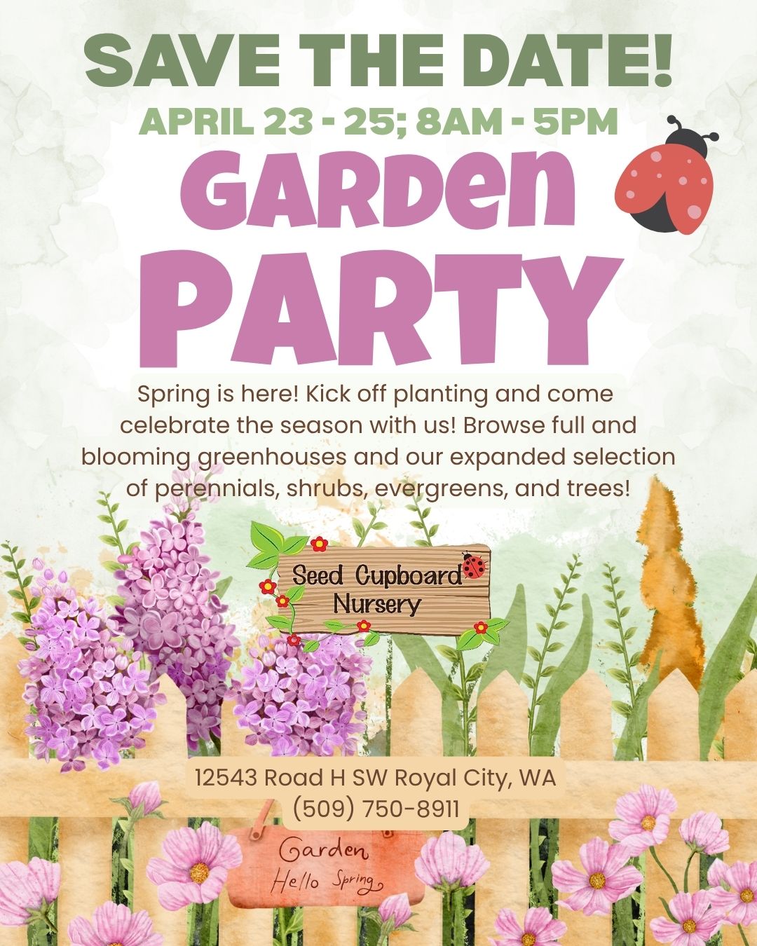 Join us for the Garden Party next weekend; April 23 - 25! Stroll through our blooming greenhouses to find a wide selection of annuals and enjoy an expanded selection of perennials, shrubs, evergreens, and trees!