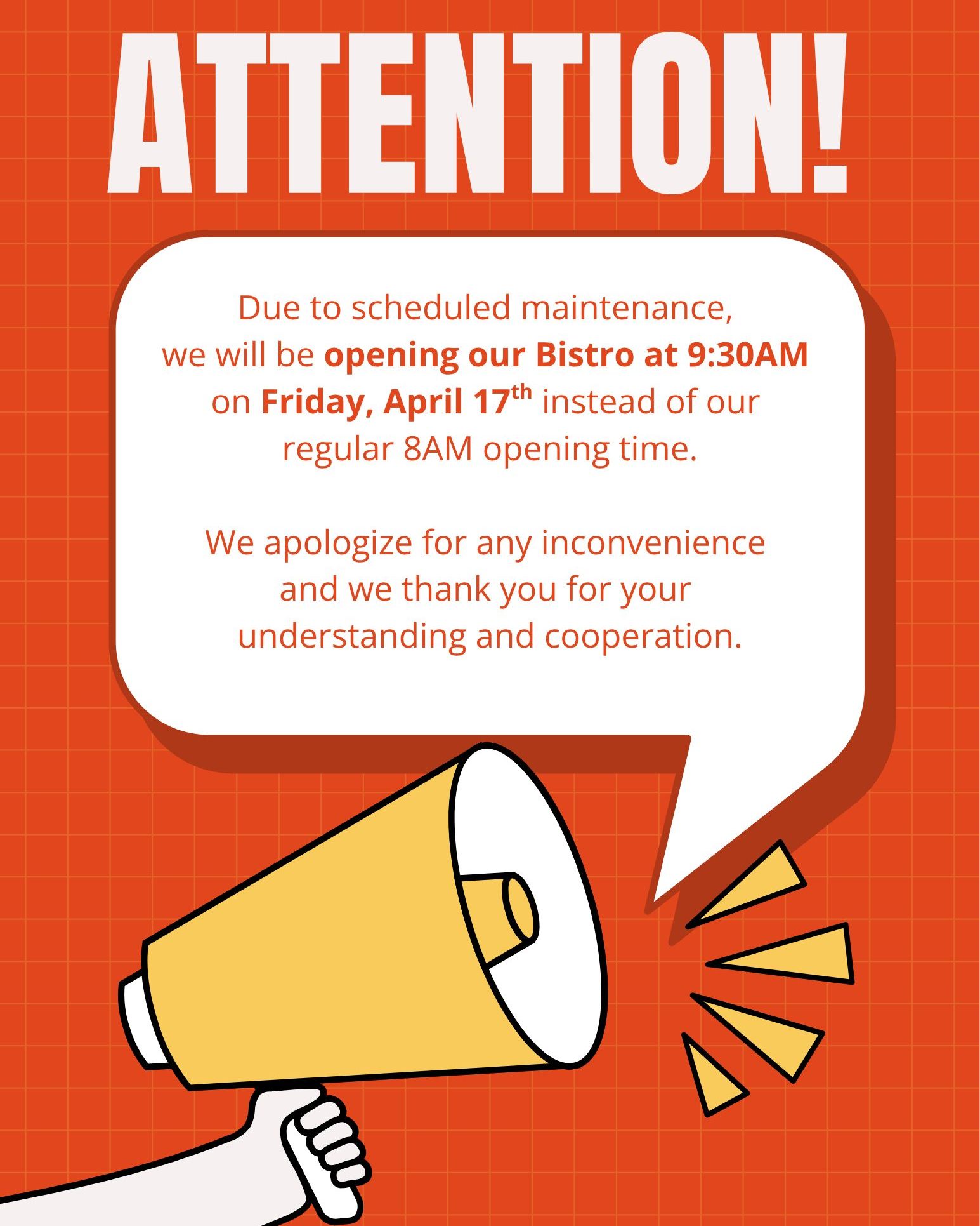 Heads up! ๐ง
Weโll be opening a little later than usual this Friday due to scheduled maintenance. Swing by starting at 9:30AM and weโll be ready to serve you then! โ
Thanks for your patience and understandingโwe canโt wait to see you ๐