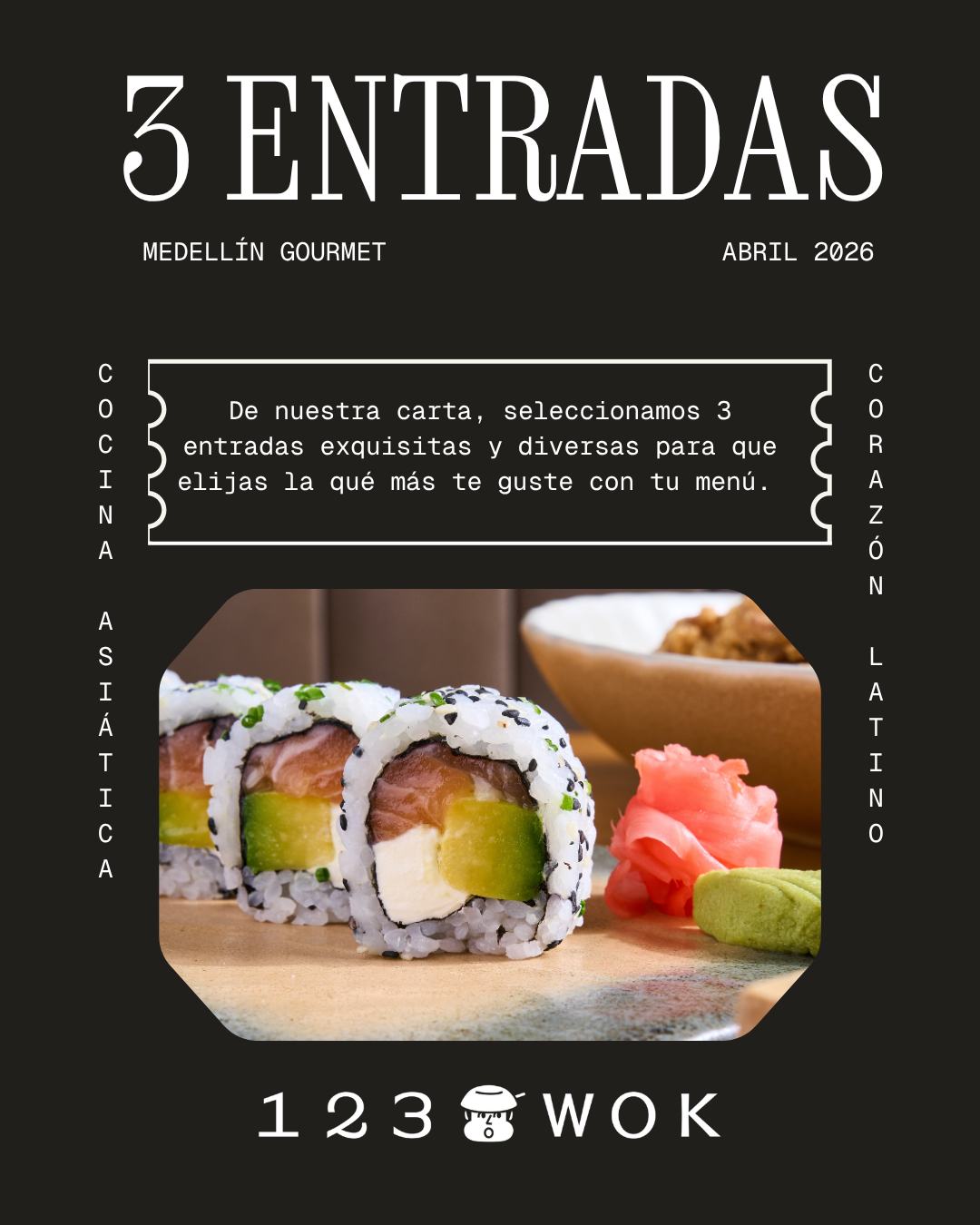 Nuestro menú de Medellín Gourmet es para 2 personas por $159.000 y está tan rico que vas a querer repetir. 😍
Puedes elegir:
1 Entrada + 2 Platos fuertes + 1 Postre + 2 Hatsu o Heineken + 1 Agua.
OPCIONES MENÚ 123WOK:
Entrada
- Pollo frito Karaage (estilo Japonés): Acompañados con repollo blanco, mayonesa japonesa y salsa al limón
- Arroz crispy: Tartar de atún con mayonesa picante, aceite de ajonjolí y pickles, montado sobre arroz de sushi crocante.
- Medio Philadelphia: Relleno con salmón fresco, queso crema original marca Philadelphia.
Fuerte
- Ceviche: Poke de pesca blanca acevichada con leche de tigre, camarones crocantes, maíz tierno, cubos de camote, aguacate, hojas de cilantro.
- Sopa de mariscos: Sopa de camarones, calamares, cebolla, pimentón y fideos de arroz. Aromatizada con curry amarillo, leche de coco y limón.
- Tallarin saltado: Fideos de trigo artesanales, solomito de res, tomate cherry, cebolla roja, cebolla junca, y cilantro, salteados con una salsa a base de soya, ostras y aceite de ajonjolí.
Postre
- Choco toffee: Esponjosa torta de chocolate, servida sobre caramelo de miso y polvo de marañón, acompañada de helado de vainilla.
- Coco paraíso: Perlitas de coco, mango maduro, sorbete de maracuyá, chips de coco.
Te esperamos en LAURELES- Ed. Armóniko y CC. OVIEDO - Sótano 1