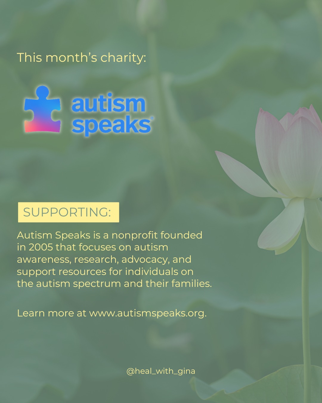 This month I’m honored to support @autismspeaks . 💙
Raising awareness and supporting those on the autism spectrum, and their families, helps create a world rooted in understanding, compassion, and acceptance.
If you feel called, I invite you to learn more and support their mission at autismspeaks.org. Small acts of love and awareness truly make a difference. 🤍
#AutismAwareness #Neurodiversity #InclusiveWorld #CommunitySupport #CollectiveHealing #HealWithGina