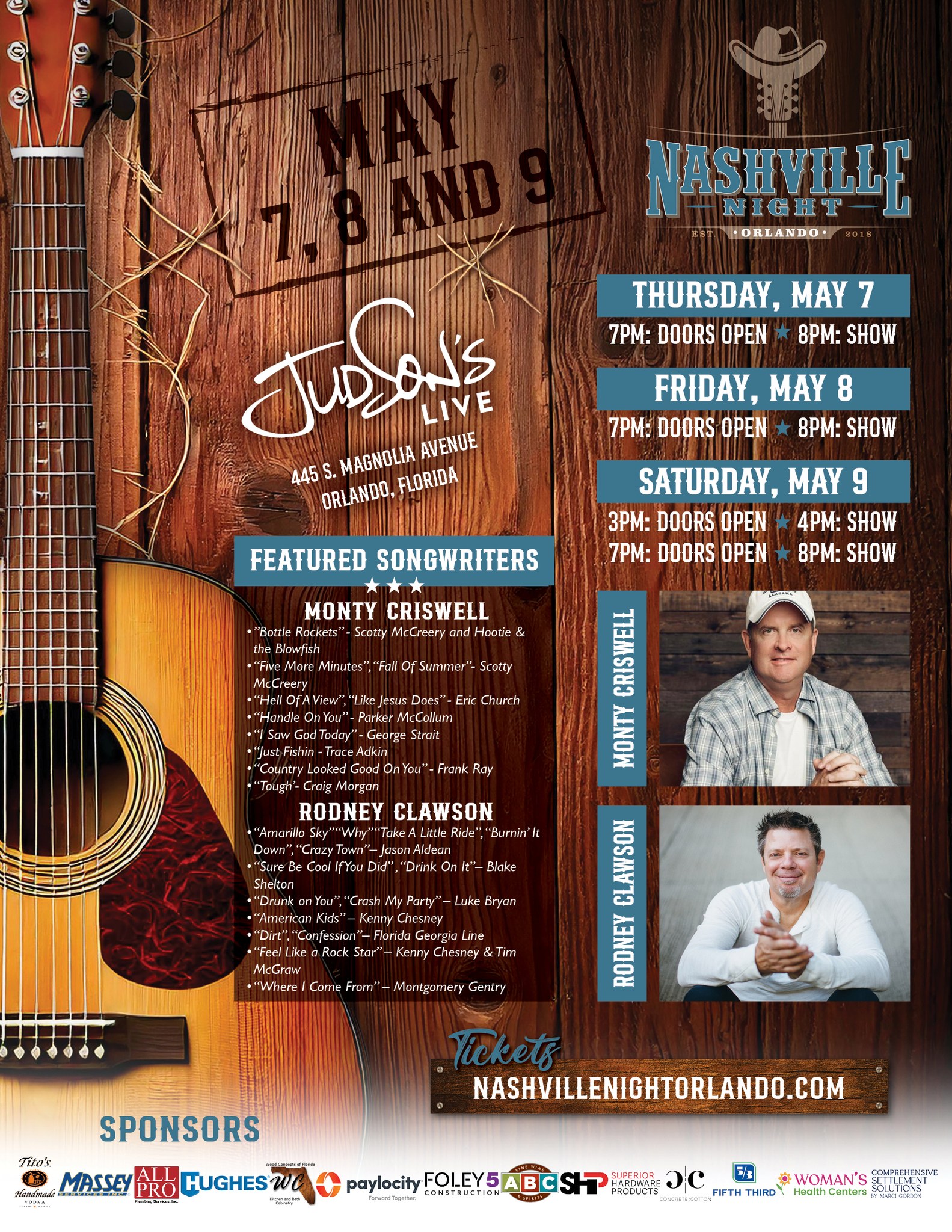 🚨 TICKETS GO LIVE TOMORROW AT 10AM! 🚨
Use Pre-Show code: NASHVILLE
NOTE: We’ve added a Thursday night show for the May series.
We can’t wait to welcome Monty Criswell and Rodney Clawson to Nashville Night In Orlando at Judson’s Live!
Orlando, thank you for your continued support and for giving us the opportunity to bring Nashville’s best songwriters to our community. We can't wait to see y'all!
www.nashvillenightorlando.com
@judsonslive
Judson’s Live
@drphillipsctr
Dr. Phillips Center for the Performing Arts
