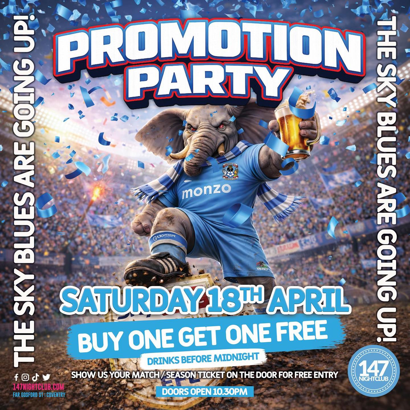 👀 TAKE 2… SKY BLUE TAKEOVER 👀
We thought we’d run it back properly… and this time ITS REALLY HAPPENING 💙
Calling all Coventry fans… this one’s for you ⚽🔥
We’re turning 147 into a full Sky Blue party with FREE Coventry City giveaways all night 🎁
And yes… we’ll be blasting Coventry City anthems all night long 🎶💙
💙 FREE ENTRY with a ticket or if you’re wearing a Coventry City shirt
🍹 BUY ONE GET ONE FREE drinks before midnight
Proper matchday vibes… just with a dancefloor 🕺
Tag your mates, rep the Sky Blues and let’s pack this out 👇
#PUSB #SkyBlueArmy #CoventryCity #147Nightclub