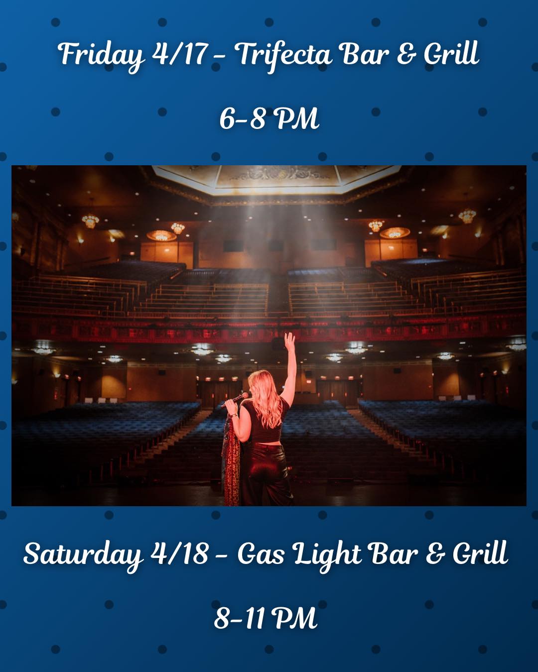 Hi everyone!! My gigs for this weekend.. they should be fun ones!! I really hope you guys will come out to make them even better nights.
Thanks so much 💙