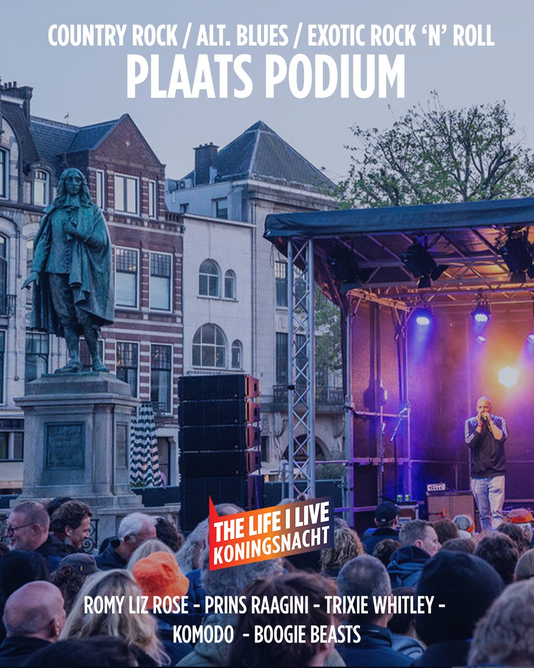 Het Plaats Podium, voorheen hofvijver is op zondag 26 april het toneel voor countrypop, alt. blues en exotic rock 'n' roll! Zo zie je de bluesbeesten van Boogie Beasts, Indiefolk van Romy Liz Rose, singer-songwriter Trixie Whitley, het broeierige Komodo en natuurlijk de familie Prins als Prins Raagini!
Komt allen en dans!
#koningsnacht2026 #TLIL #Denhaag #TLIL26 #popstaddenhaag