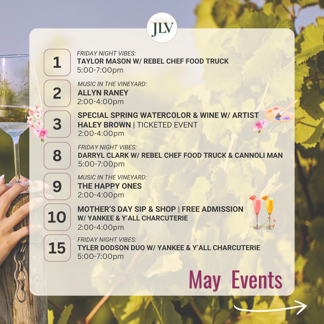 Your May events lineup is here! 🤩🙌
We have a ton of opportunities for folks to gather for #NCWineMonth. It’s one of NC's best seasons for open-air pours and food truck finds, all set to a live soundtrack as the sun dips low.
See you soon!