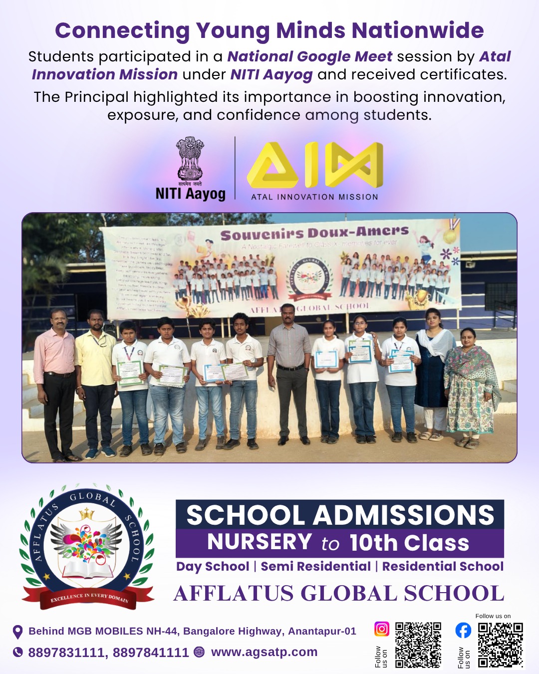Connecting young minds across the nation 🌍
Our students proudly participated in a National Google Meet by Atal Innovation Mission and earned certificates of achievement!
#YoungInnovators #AtalInnovationMission #NITIAayog #FutureLeaders #StudentSuccess #DigitalLearning #InnovationInEducation