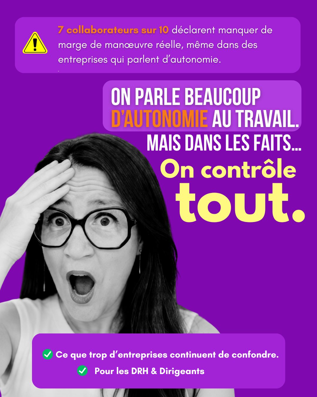 On parle beaucoup
d’autonomie au travail.
Mais dans les faits…
on contrôle tout.
Aujourd’hui, beaucoup d’organisations parlent de :
→ autonomie
→ responsabilisation
→ confiance
→ initiative
Sur le papier, tout est là.
Pendant un temps,
ça fonctionne.
Puis quelque chose se grippe.
Les signaux sont discrets :
▫️ besoin de validation constante
▫️ perte d’initiative
▫️ peur de se tromper
▫️ collaborateurs qui attendent
Mais ça ne se voit pas vraiment.
Parce que :
→ le travail est fait
→ les résultats tiennent
→ les équipes s’adaptent
Puis le système se bloque :
❌ plus personne ne décide
❌ dépendance au manager
❌ perte de réactivité
❌ frustration des équipes
Le problème n’est pas l’autonomie.
Le problème, c’est
le contrôle permanent.
On dit “sois autonome”…
mais on ne laisse pas vraiment agir.
Une organisation solide fonctionne autrement.
Elle développe
la capacité d’agir.
→ droit à l’erreur
→ marge de manœuvre réelle
→ confiance concrète
→ décisions partagées
Chez Tatsucolor, nous travaillons précisément là :
→ redonner de l’autonomie réelle
→ restaurer la confiance
→ développer la capacité d’agir
Parce qu’une équipe autonome
est une équipe qui peut agir.
💬 Et vous ?
Vous laissez vraiment de l’autonomie…
ou vous continuez à tout contrôler ?
#Engagement #agentivité #CapaciteDAgir #ChangementDeRécit #RPS #Tatsucolor
