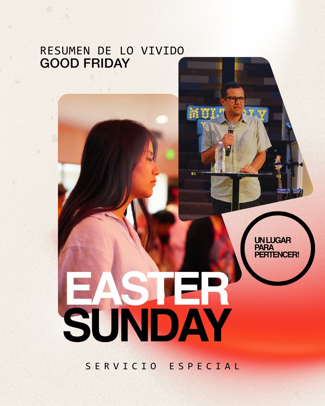 Un fin de semana que marcó nuestros corazones. ✨
Desde la profunda reflexión del Good Friday hasta la celebración de nuestro Servicio Especial de Easter Sunday, vivimos días increíbles de conexión y fe.
Desliza para revivir los mejores momentos de lo que experimentamos juntos. 🤍 Si buscas una comunidad auténtica, recuerda que aquí siempre tendrás un lugar para pertenecer.
¡Gracias a todos los que nos acompañaron! 🙌