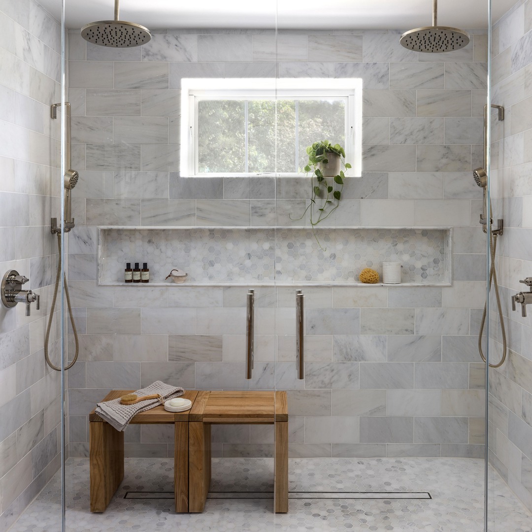 We fondly call this the "party shower".
When our clients purchased their Bethesda home, the bathroom was… not to code. Exposed wiring, a makeshift sauna, and layers of novice contractor decisions we had to completely undo.
We took it back to the studs and started fresh.
On top of renovating this bathroom the right way, we strongly pushed for natural light in the design, which ended up making a huge difference in this oversized shower. In fact, this is the biggest shower we've ever designed.
Now it's flooded with natural light and ready to party!
#PrimaryBathroom #BathroomDesign #LuxuryInteriors #ElevatedSpaces